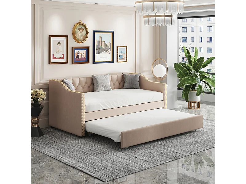 90x200cm Ausziehbett, Schlafsofa, 2er Schlafsofa, Lattenrost, Beige