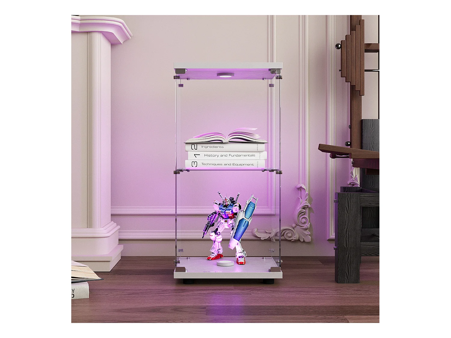 Vitrine en Verre 2 étagères, Meuble Vitrine Verre avec LED et Portes, 86x40x36 cm, Blanc