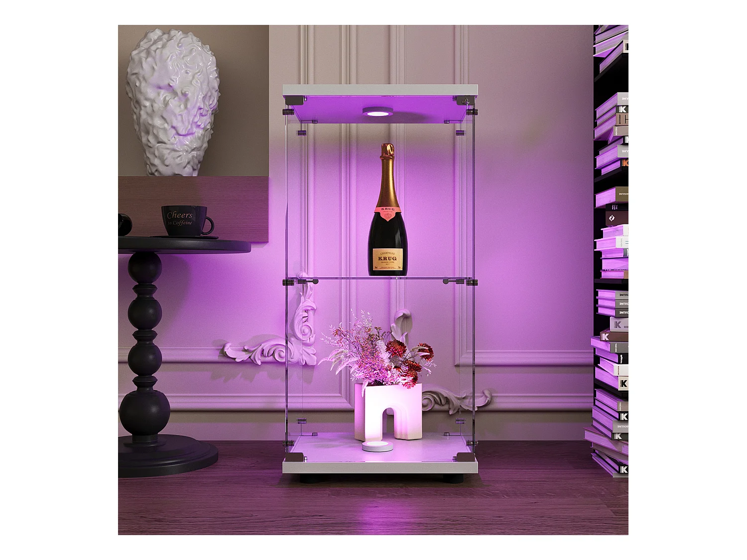 Vitrine en Verre 2 étagères, Meuble Vitrine Verre avec LED et Portes, 86x40x36 cm, Blanc