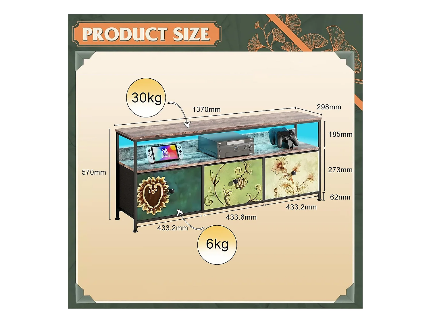 Meuble TV LED avec 3 Tiroirs, 137x30x57cm Banc TV Rétro Buffet, Tiroirs colorés