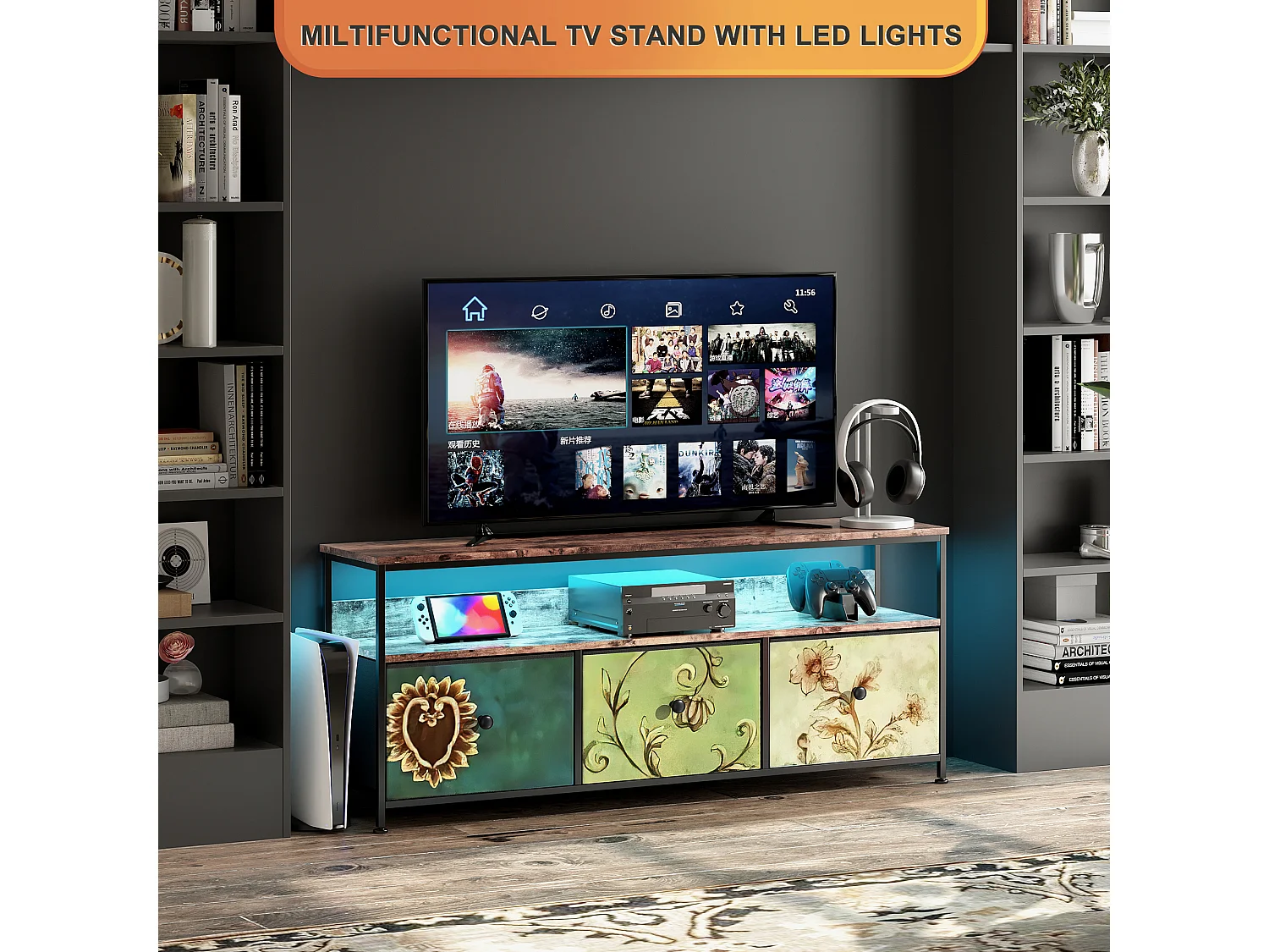 Meuble TV LED avec 3 Tiroirs, 137x30x57cm Banc TV Rétro Buffet, Tiroirs colorés