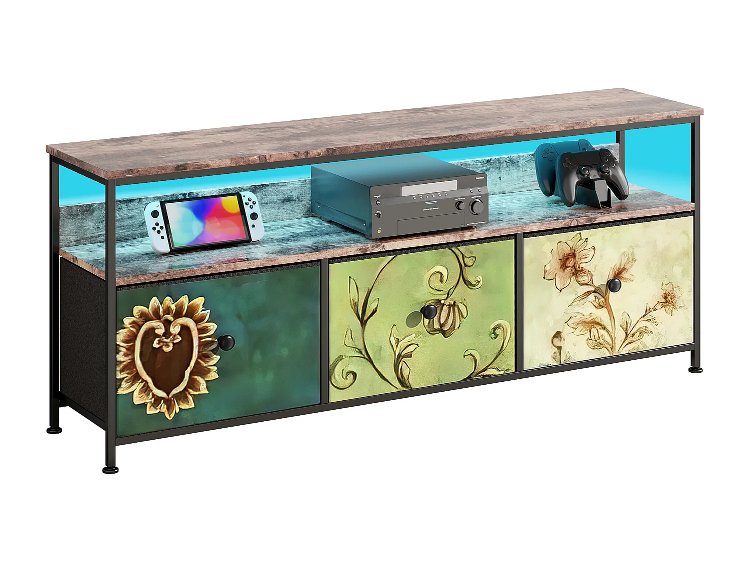 Meuble TV LED avec 3 Tiroirs, 137x30x57cm Banc TV Rétro Buffet, Tiroirs colorés