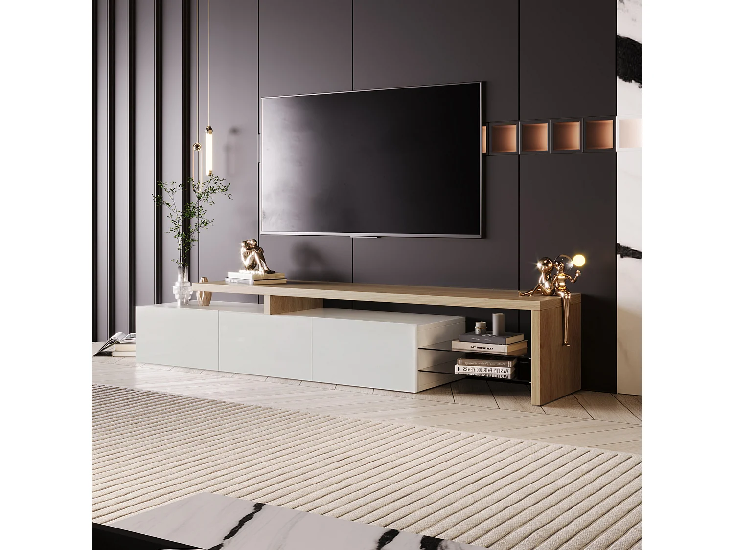 Meuble TV Moderne avec lumières LED Variables, 3 Portes et étagères en Verre – Blanc