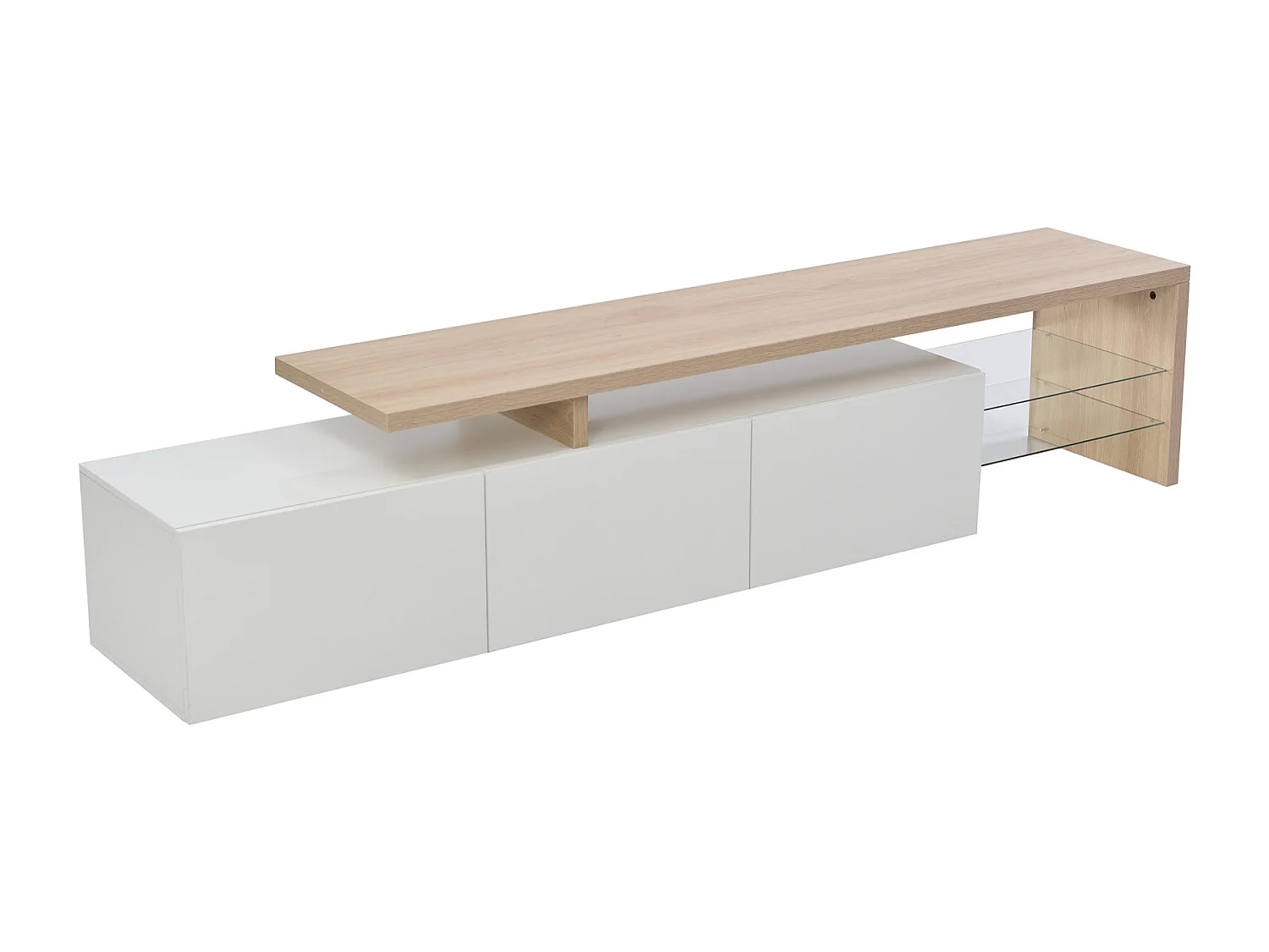 Meuble TV Moderne avec lumières LED Variables, 3 Portes et étagères en Verre – Blanc