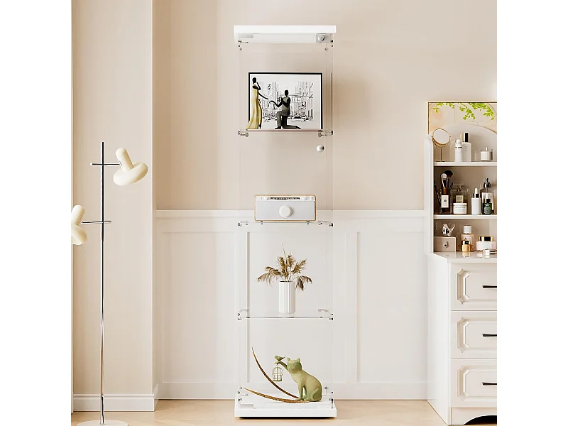 Vitrine en verre 4 étagères, 1 porte, 164x42.5x36.5 cm, meuble pour collection, blanc, transparent