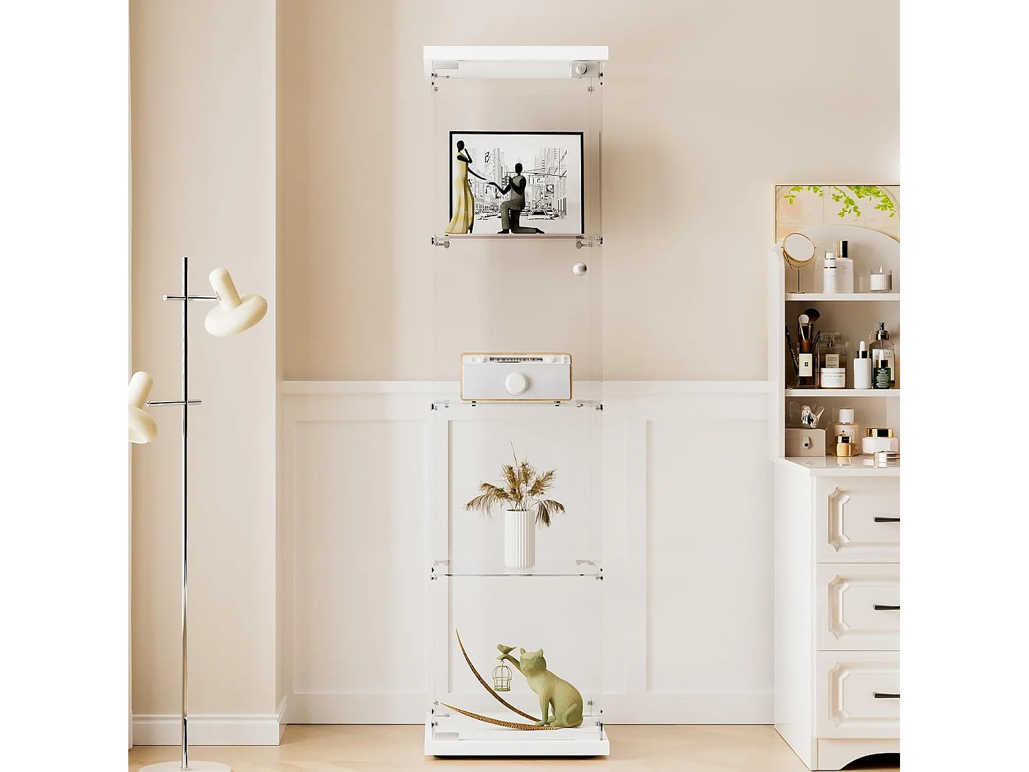 Vitrine en verre 4 étagères, 1 porte, 164x42.5x36.5 cm, meuble pour collection, blanc, transparent