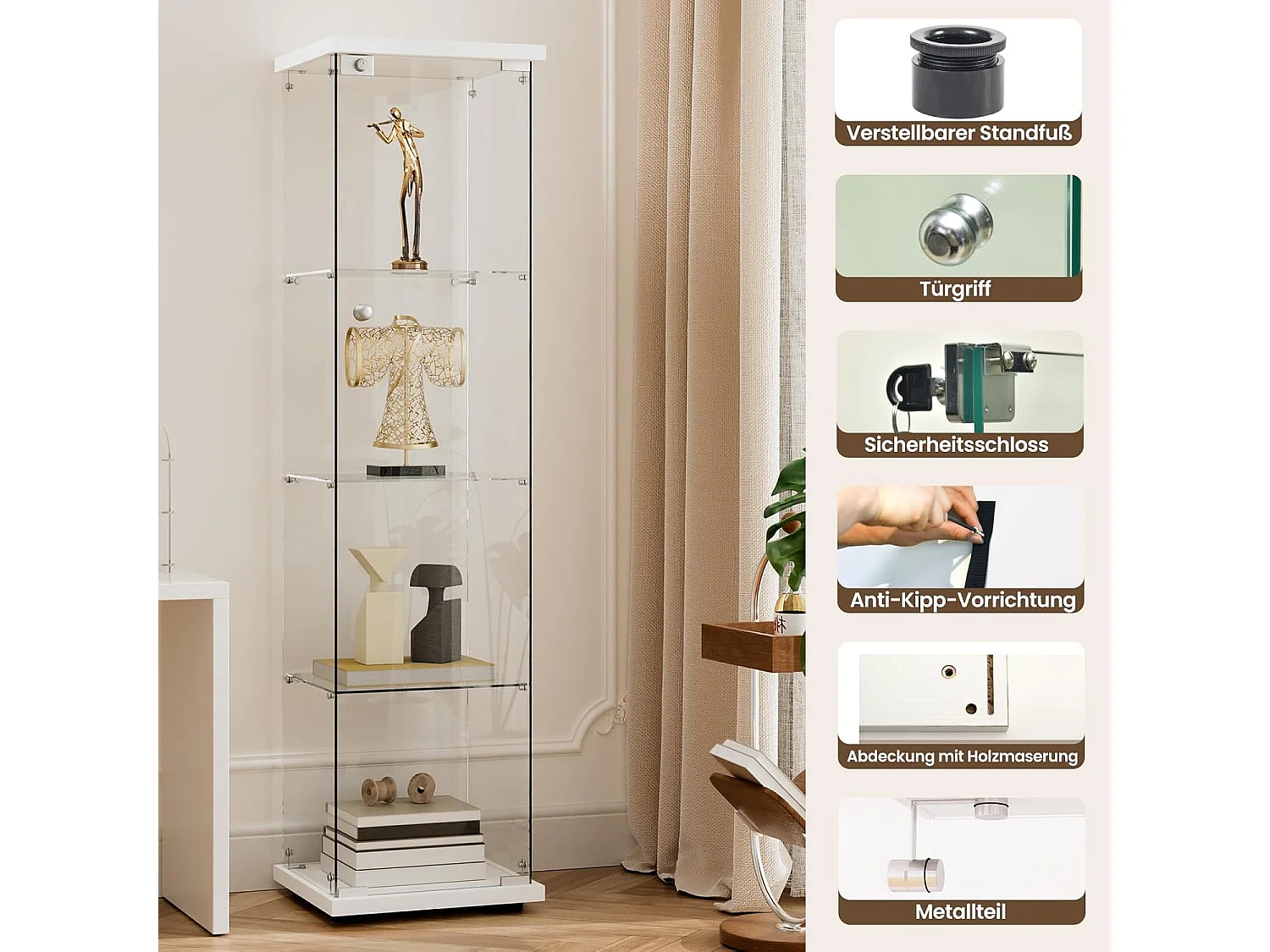 Vitrine en verre 4 étagères, 1 porte, 164x42.5x36.5 cm, meuble pour collection, blanc, transparent