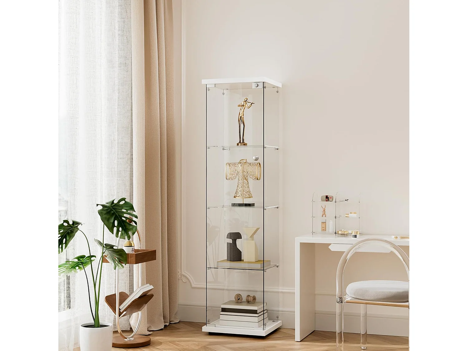 Vitrine en verre 4 étagères, 1 porte, 164x42.5x36.5 cm, meuble pour collection, blanc, transparent