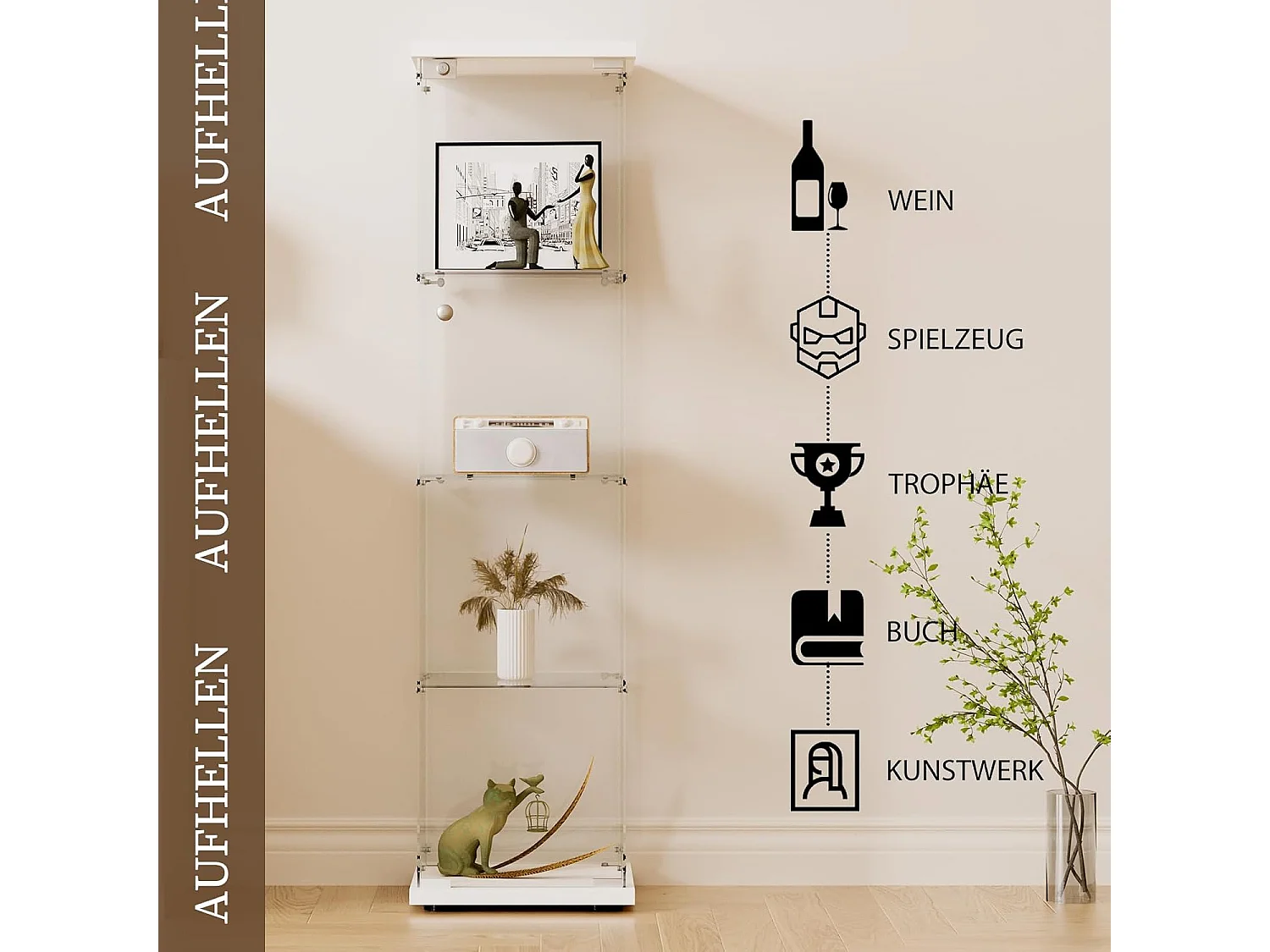 Vitrine en verre 4 étagères, 1 porte, 164x42.5x36.5 cm, meuble pour collection, blanc, transparent