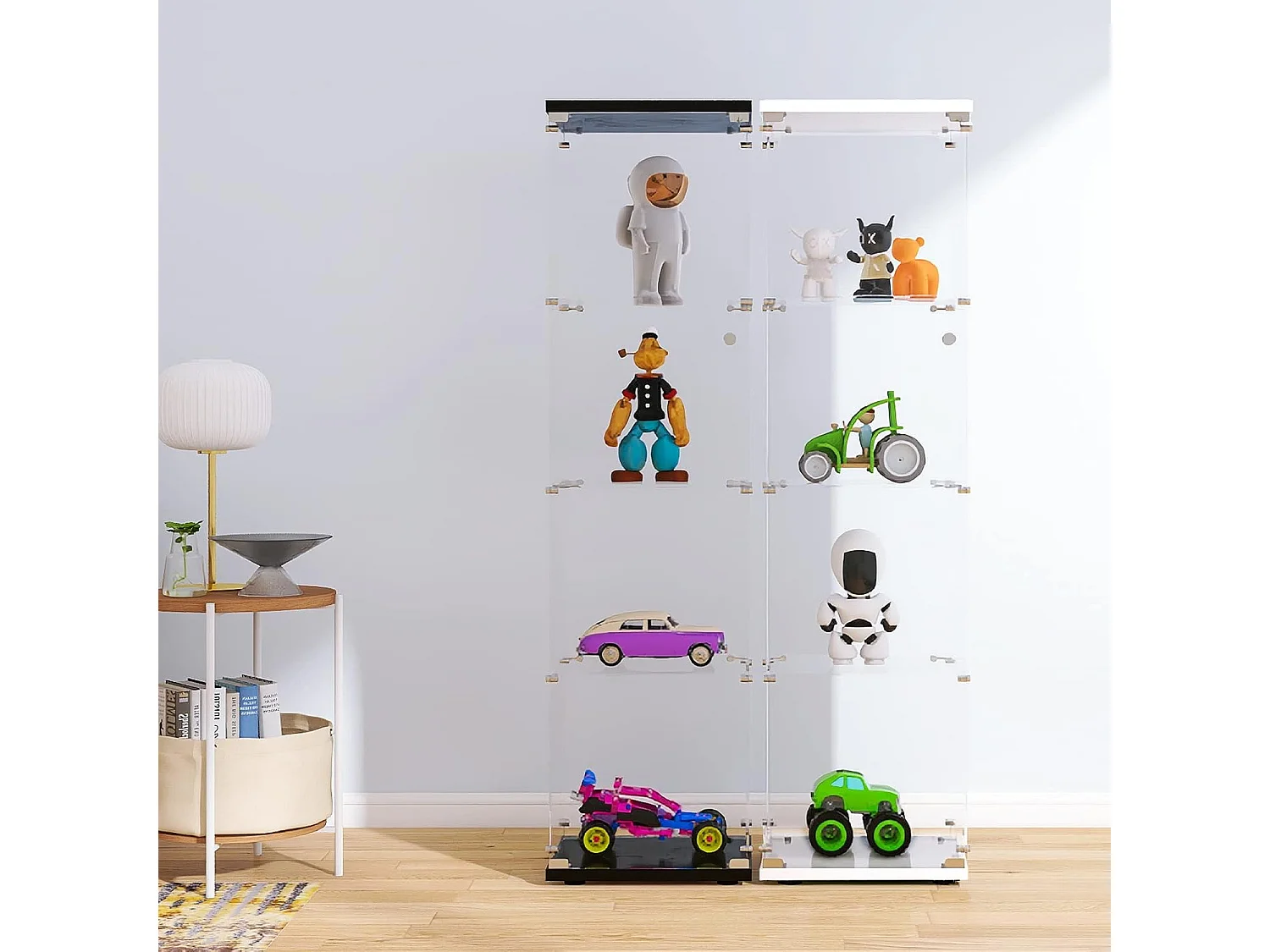 Vitrine en verre 4 étagères, 1 porte, 164x42.5x36.5 cm, meuble pour collection, blanc, transparent