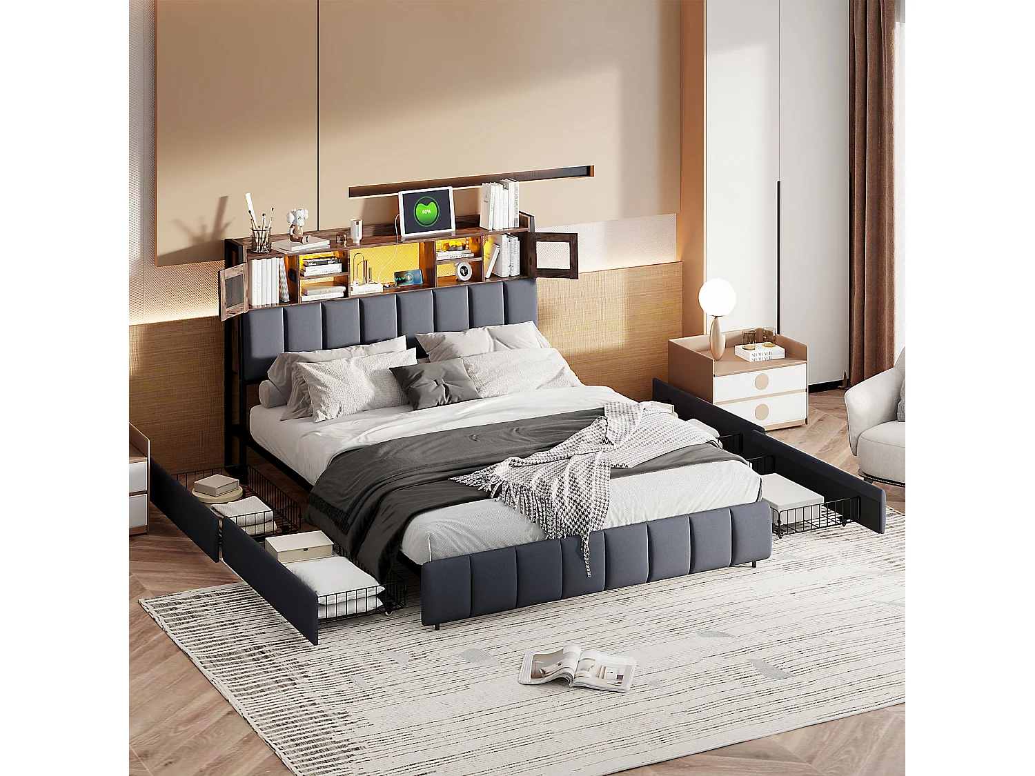 Lit Rembourré 140x200cm avec USB et prises, lit double avec 4 tiroirs, lit coffre avec LED, lin,noir