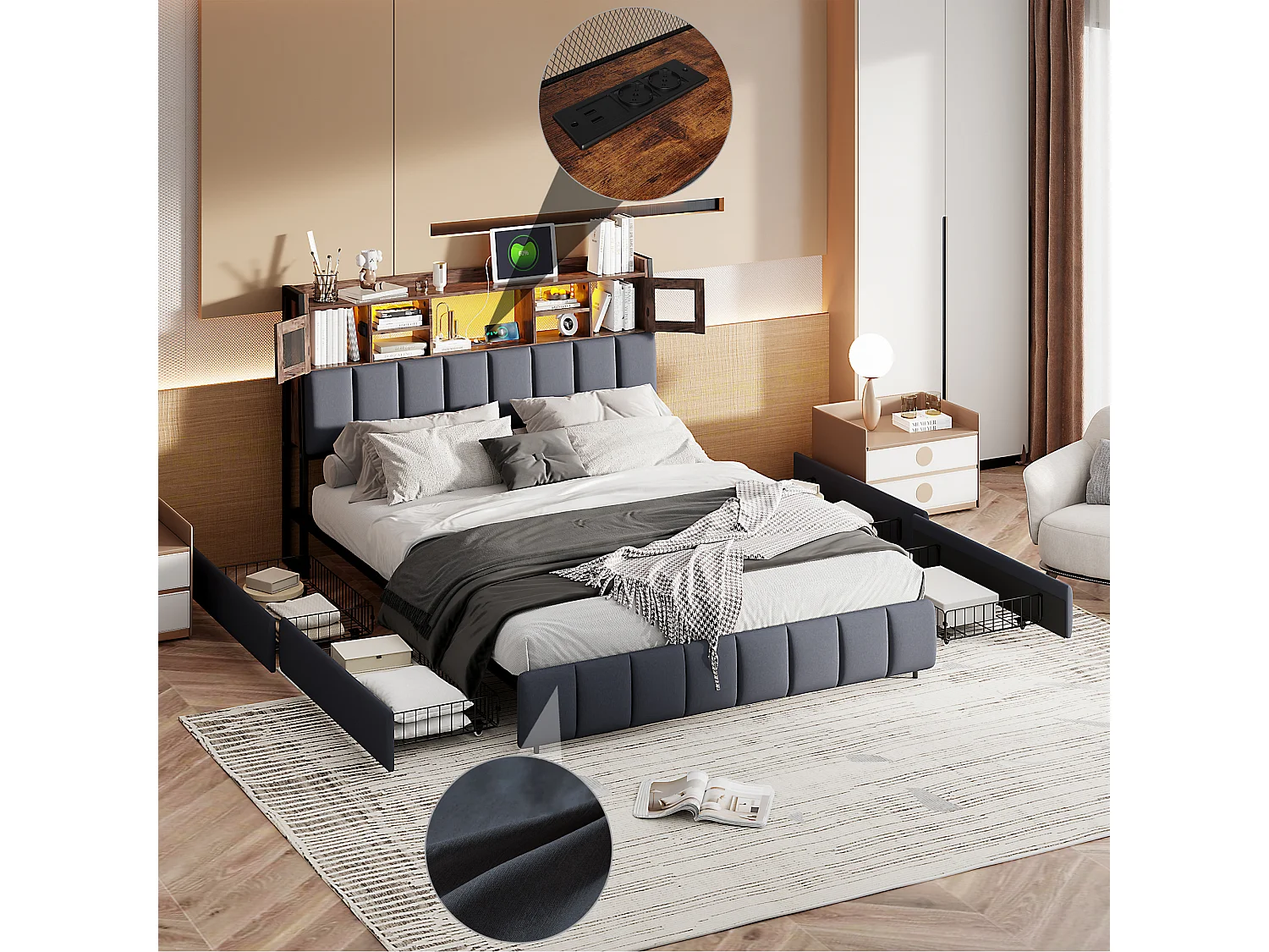 Lit Rembourré 140x200cm avec USB et prises, lit double avec 4 tiroirs, lit coffre avec LED, lin,noir