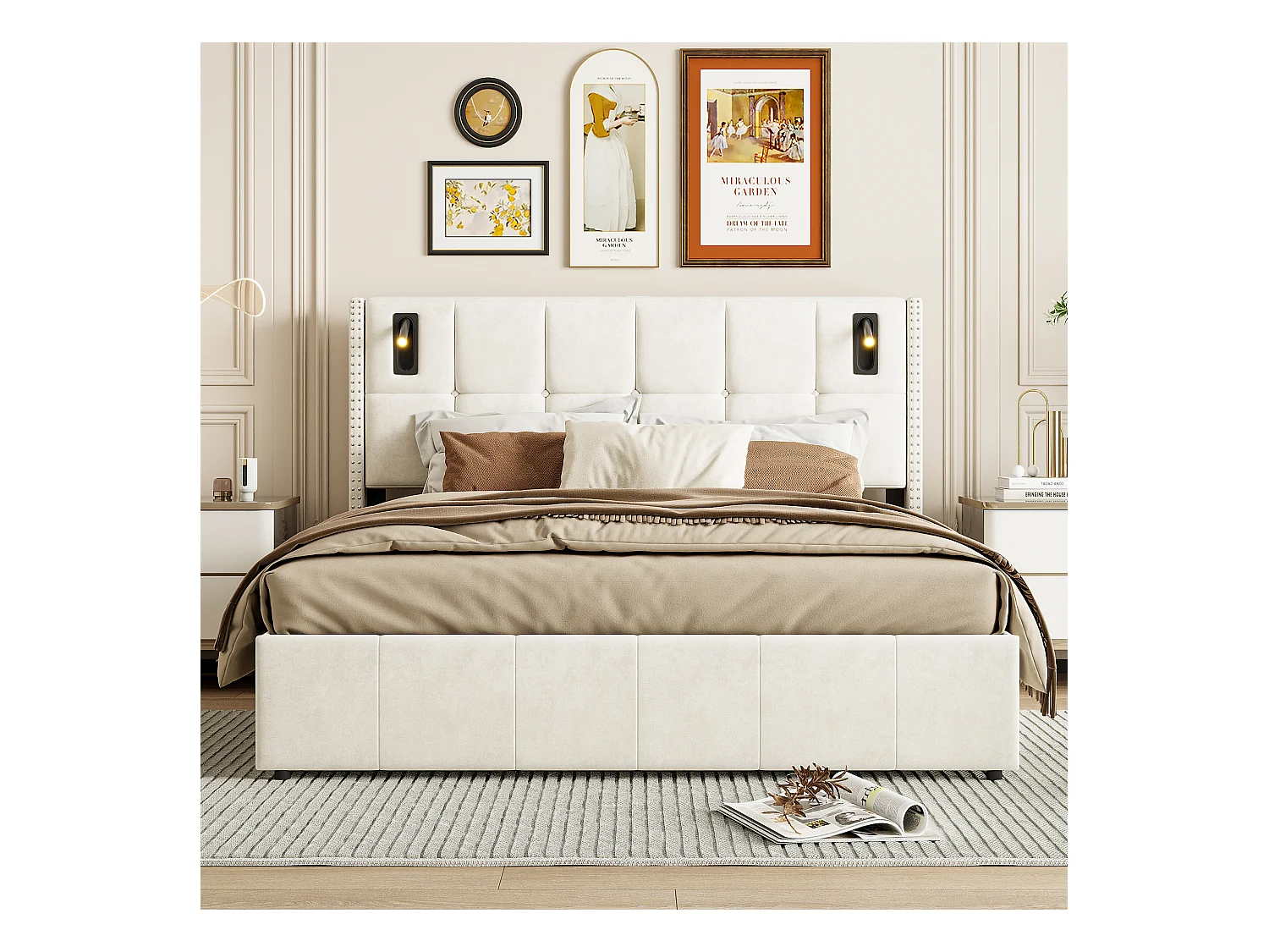 Lit Coffre 140x200 cm avec sommier, Lit capitonné avec Port USB et Type-C, LED, Velours, Beige