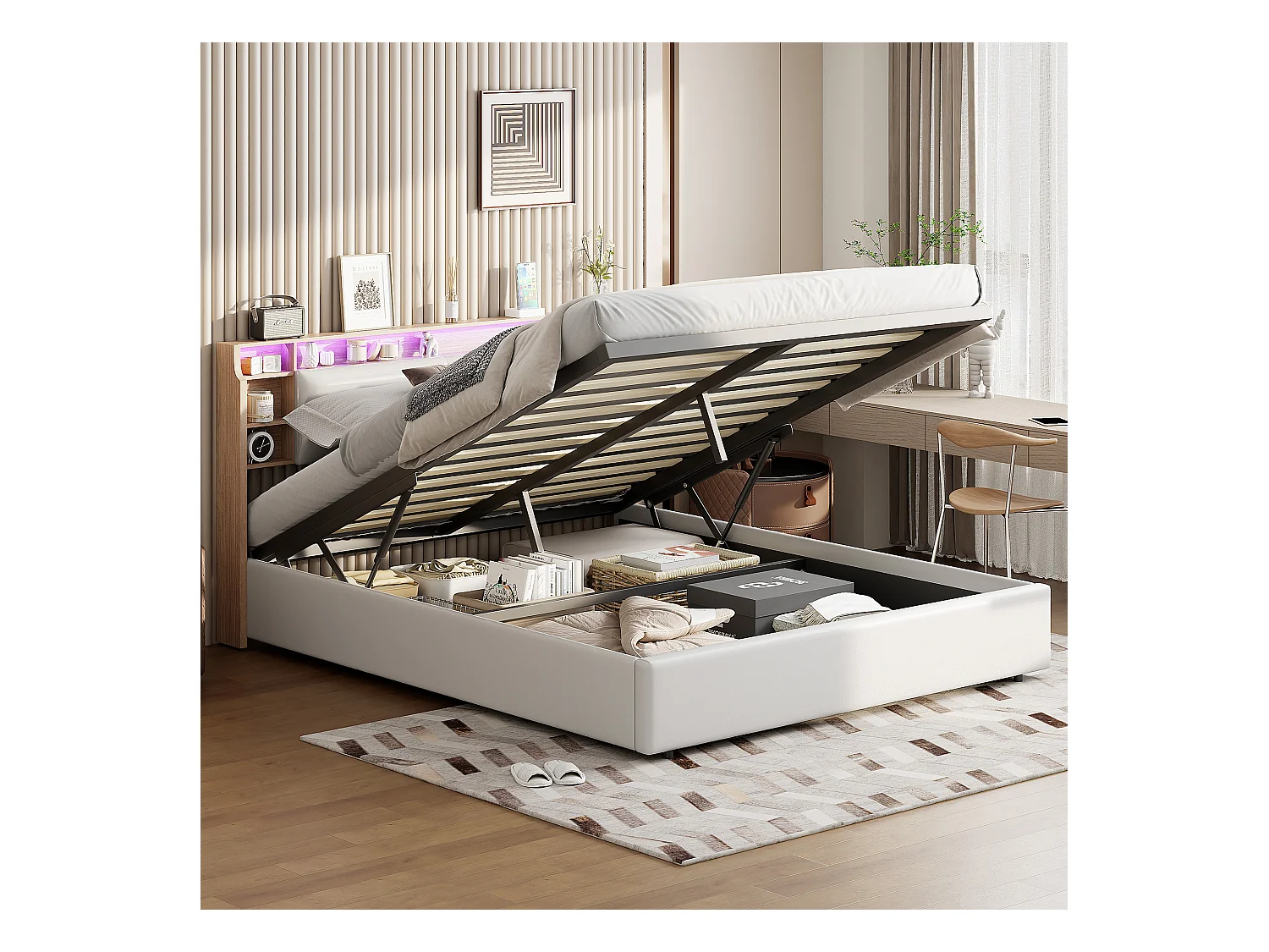 Lit Rembourré 140x200cm lit double avec et LED, lit coffre, lit fonctionnel simili cuir, blanc