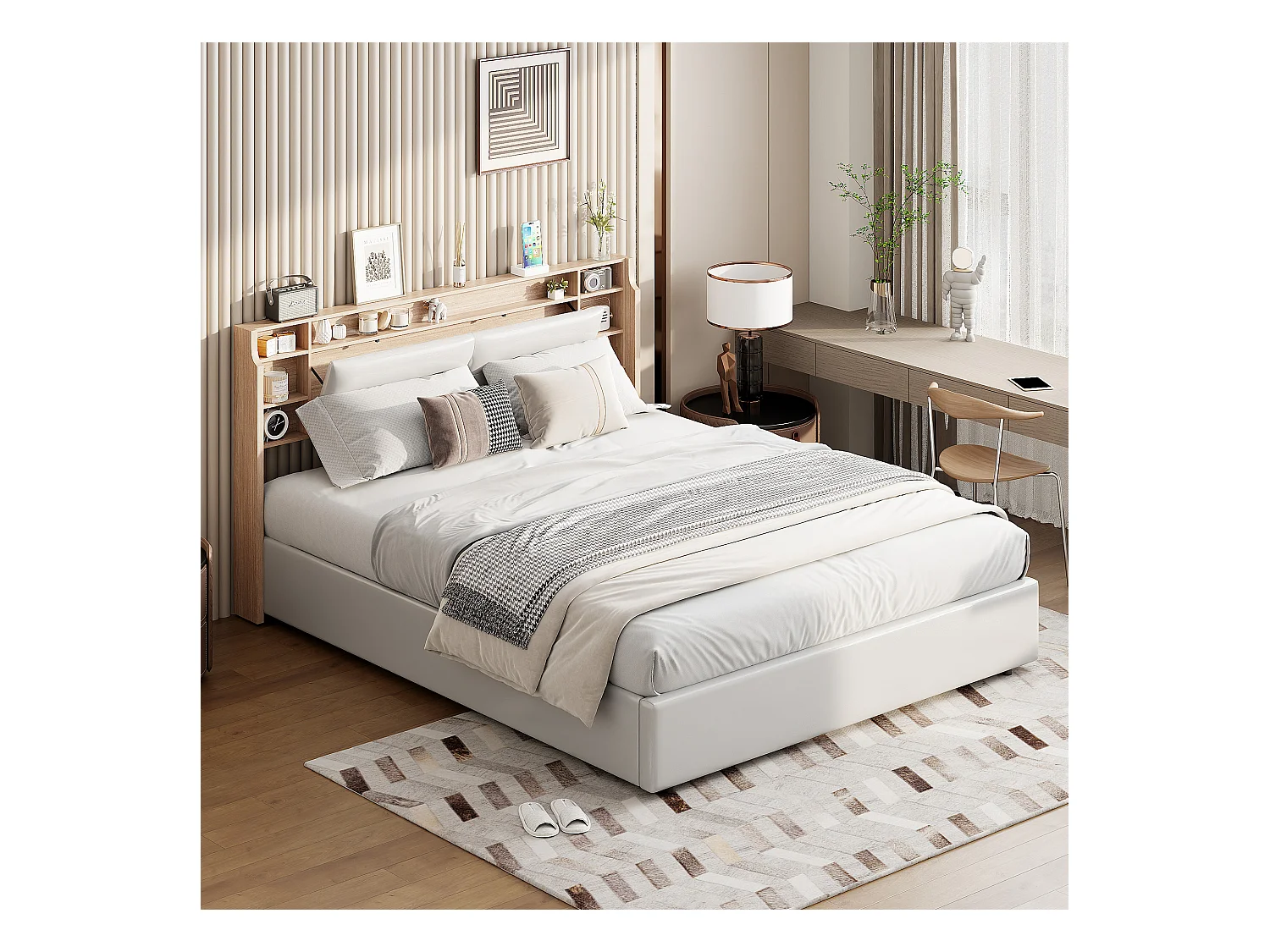 Lit Rembourré 140x200cm lit double avec et LED, lit coffre, lit fonctionnel simili cuir, blanc