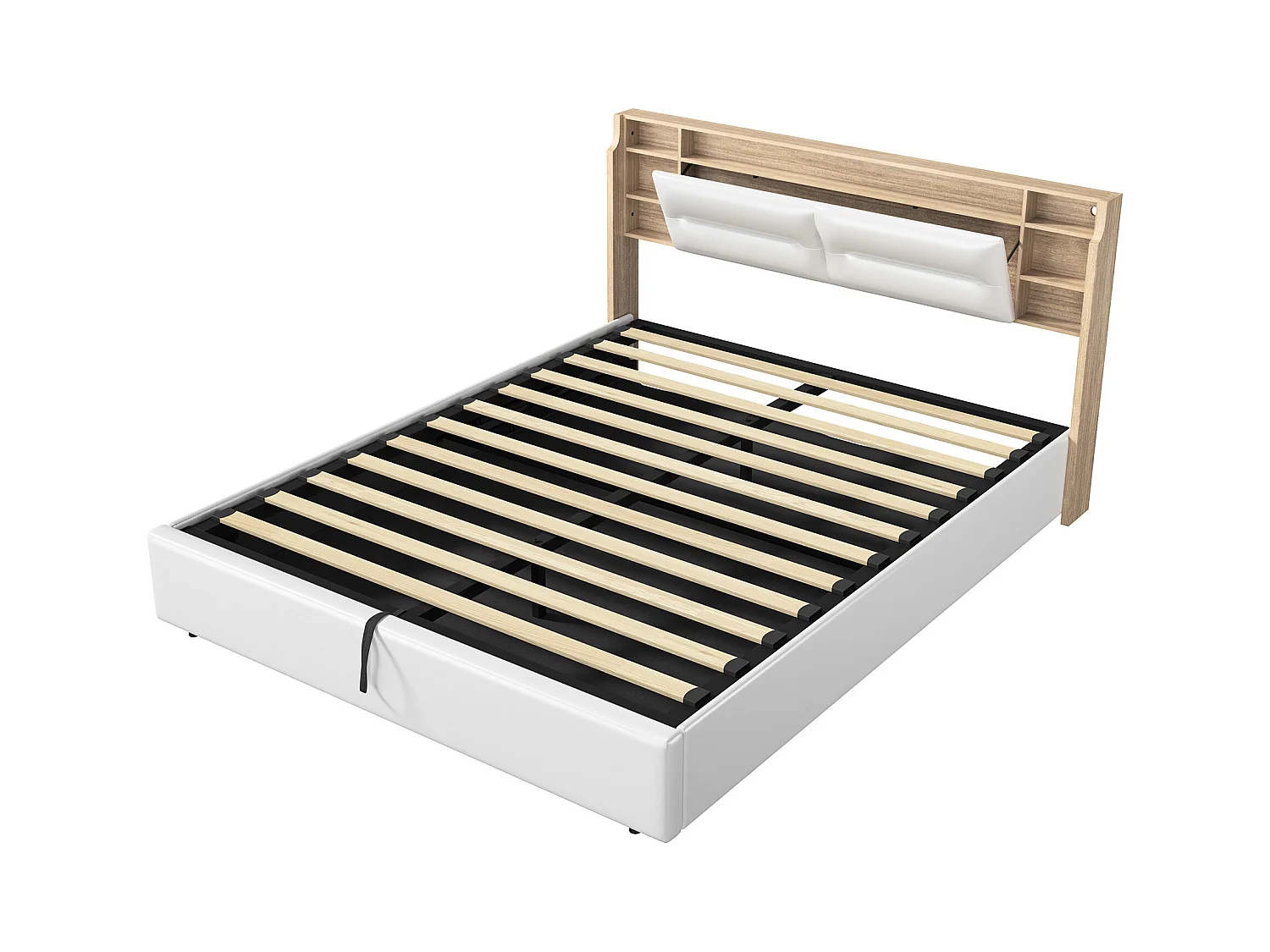 Lit Rembourré 140x200cm lit double avec et LED, lit coffre, lit fonctionnel simili cuir, blanc