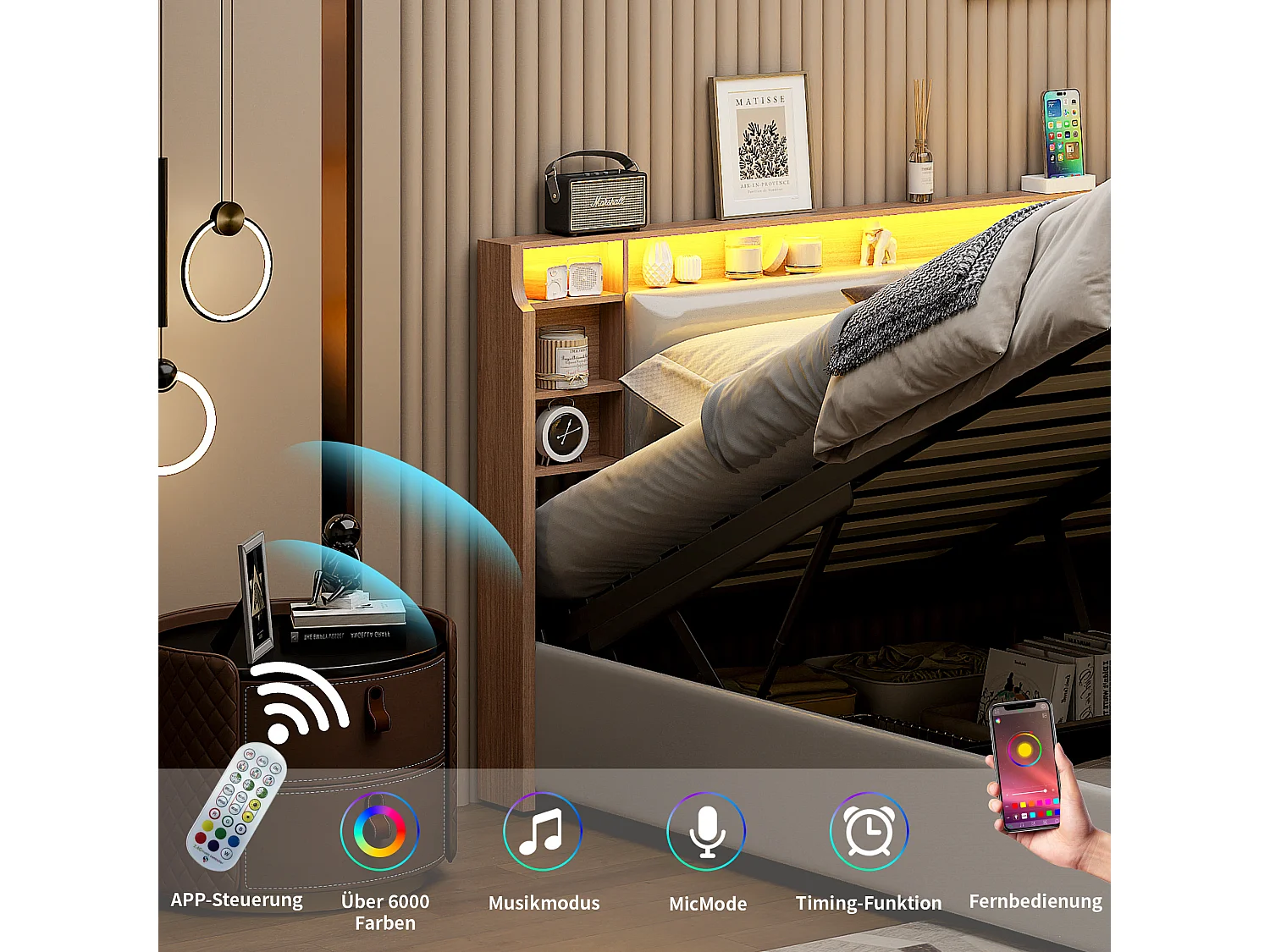 Gestoffeerd bed 140x200cm tweepersoonsbed met LED, opbergbed, functioneel bed in kunstleer, wit