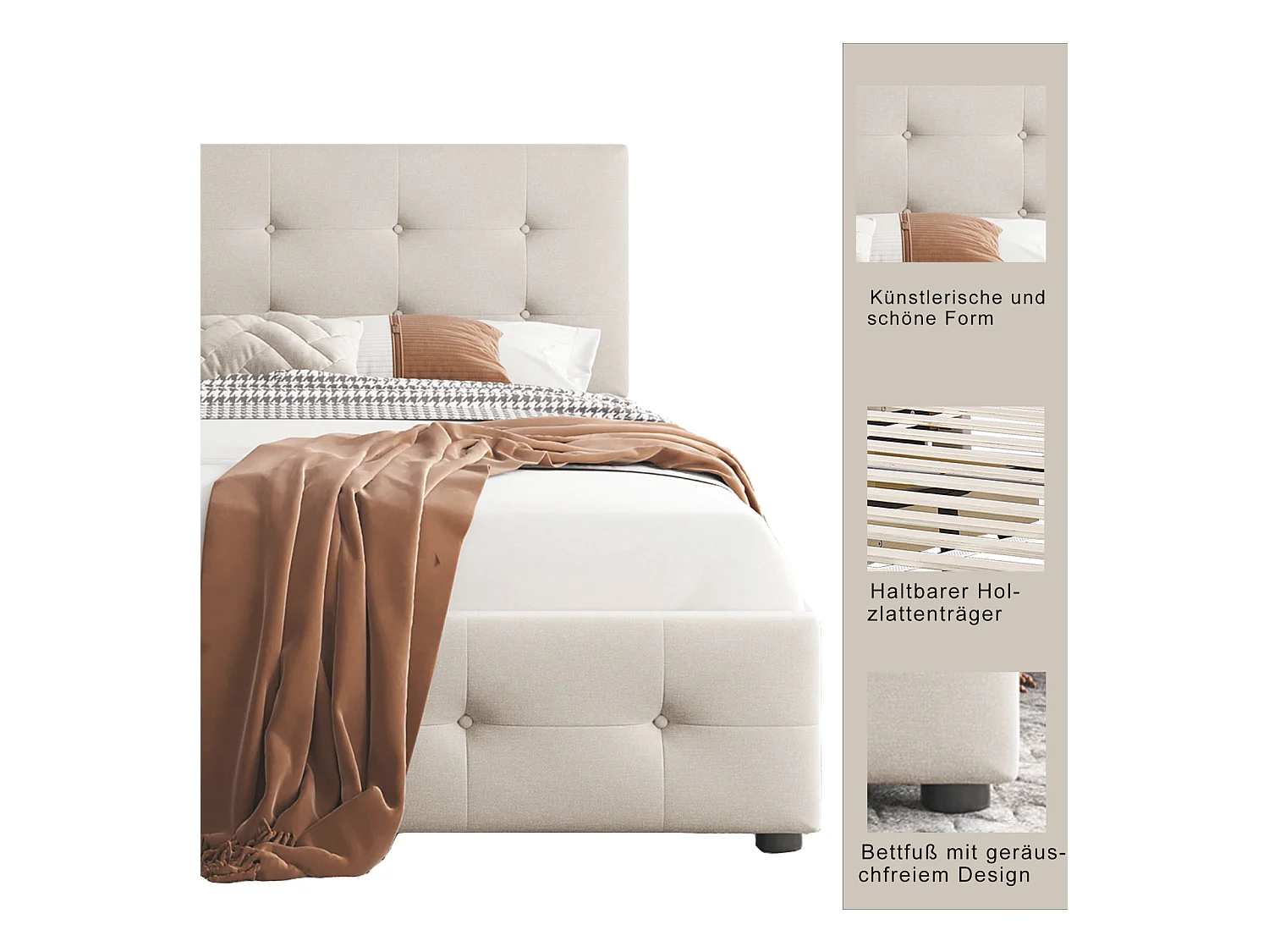 Lit capitonne 90 x 200 cm - avec 2 tiroirs, sommier à lattes, tissu velours - Beige