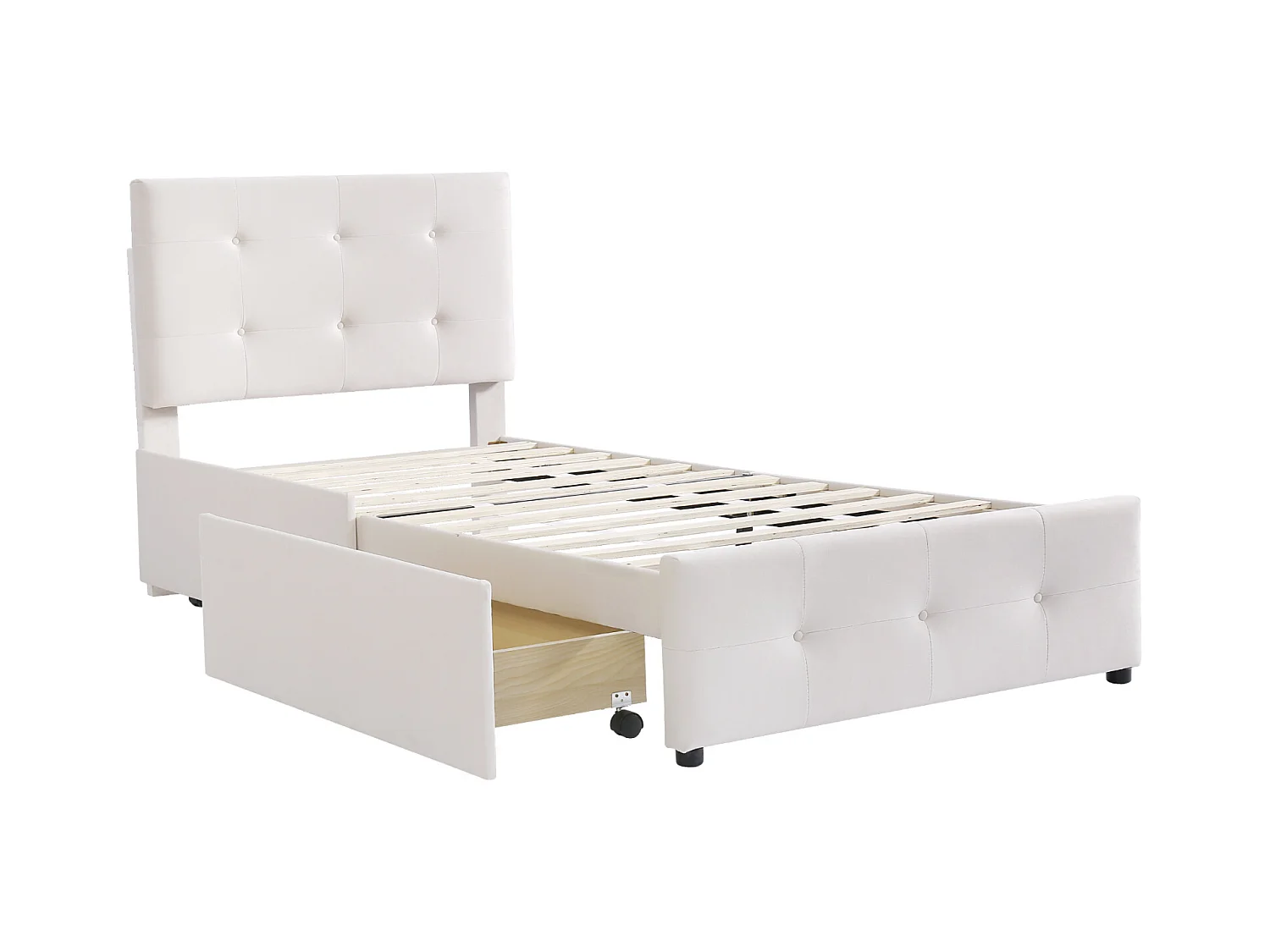 Lit capitonne 90 x 200 cm - avec 2 tiroirs, sommier à lattes, tissu velours - Beige