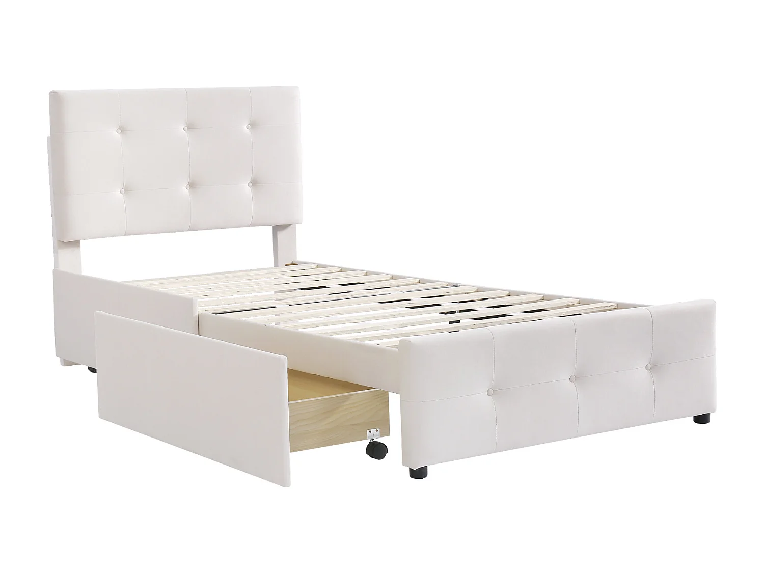 Lit capitonne 90 x 200 cm - avec 2 tiroirs, sommier à lattes, tissu velours - Beige