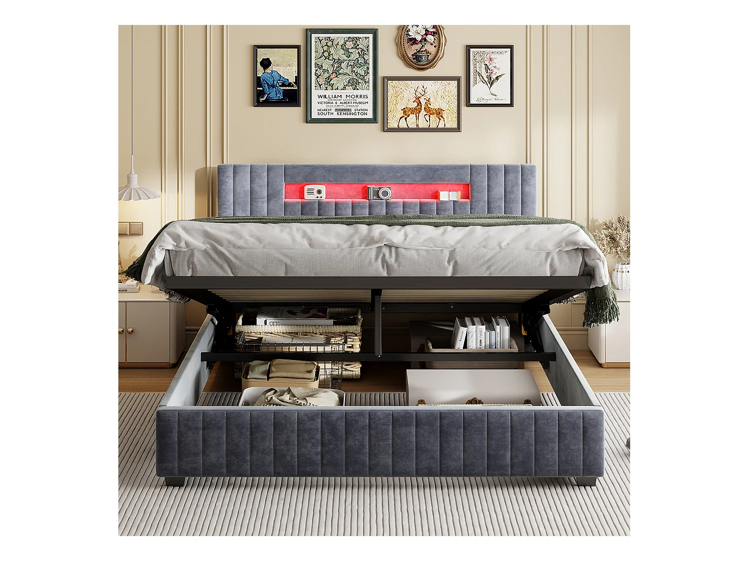 Lit coffre 140x200cm - Lit double avec tête de lit LED avec rangemet, en tissu velours gris