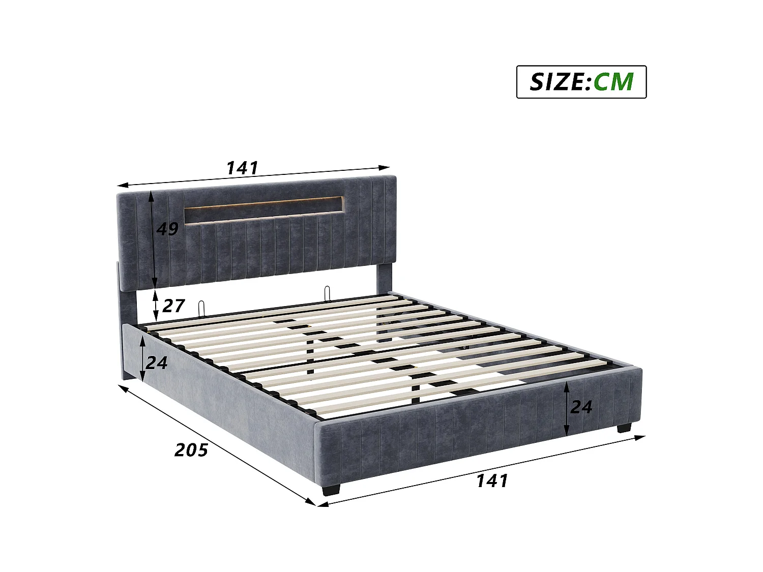 Lit coffre 140x200cm - Lit double avec tête de lit LED avec rangemet, en tissu velours gris