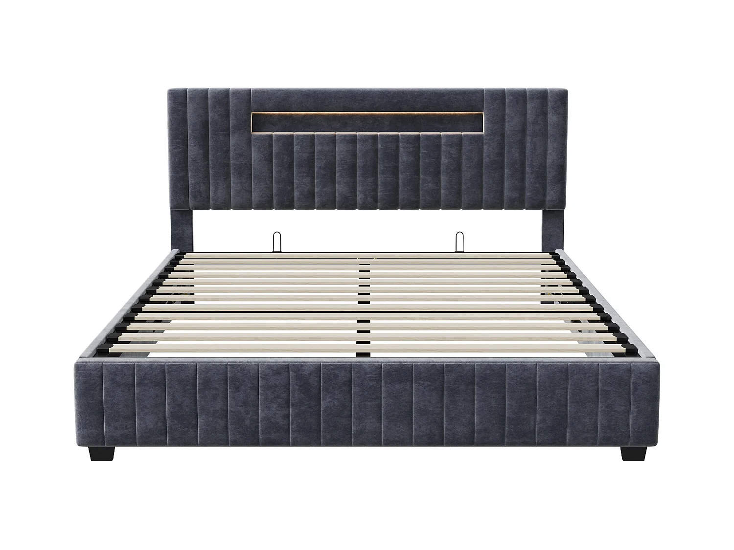 Lit coffre 140x200cm - Lit double avec tête de lit LED avec rangemet, en tissu velours gris