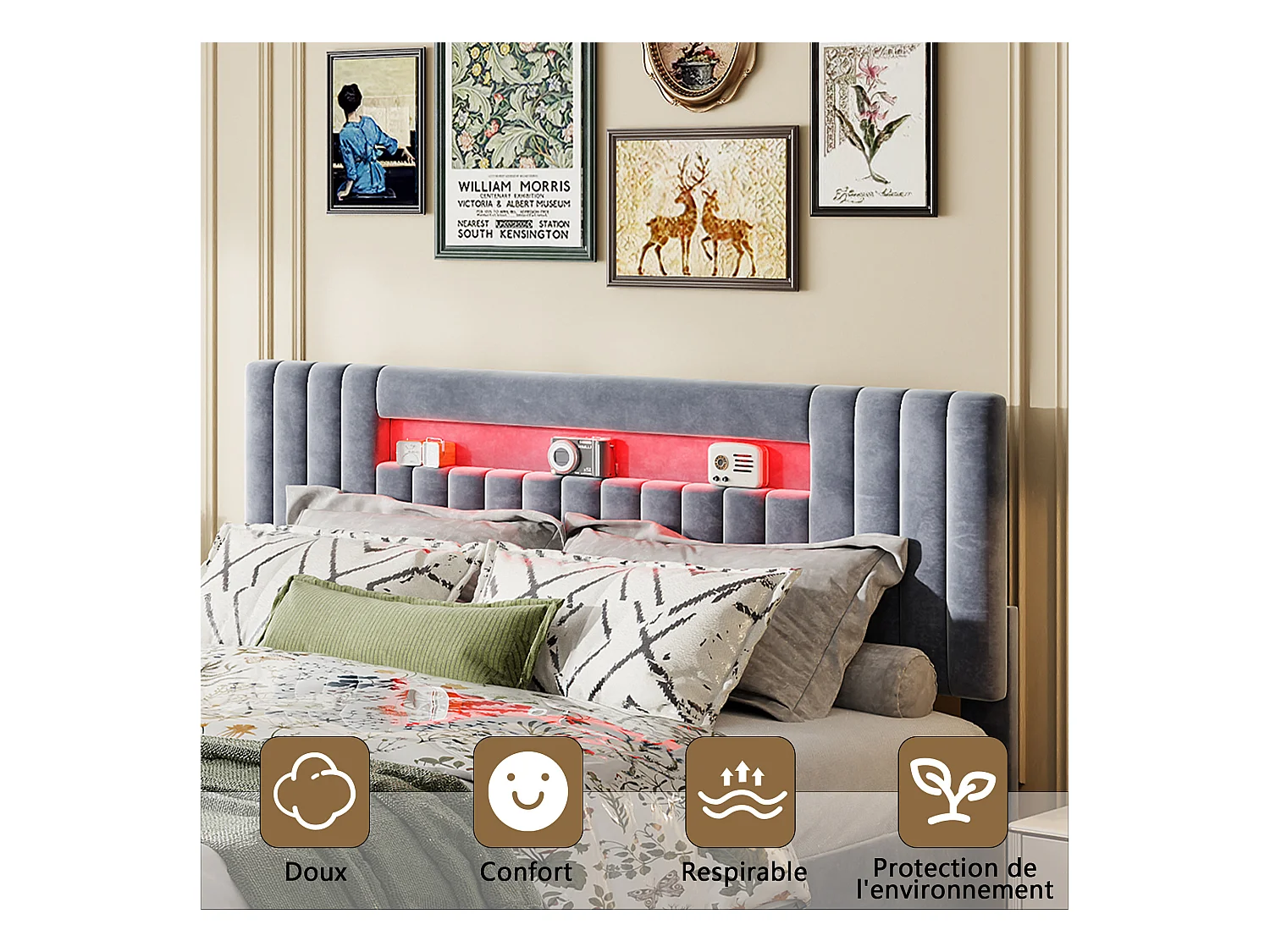 Lit coffre 140x200cm - Lit double avec tête de lit LED avec rangemet, en tissu velours gris