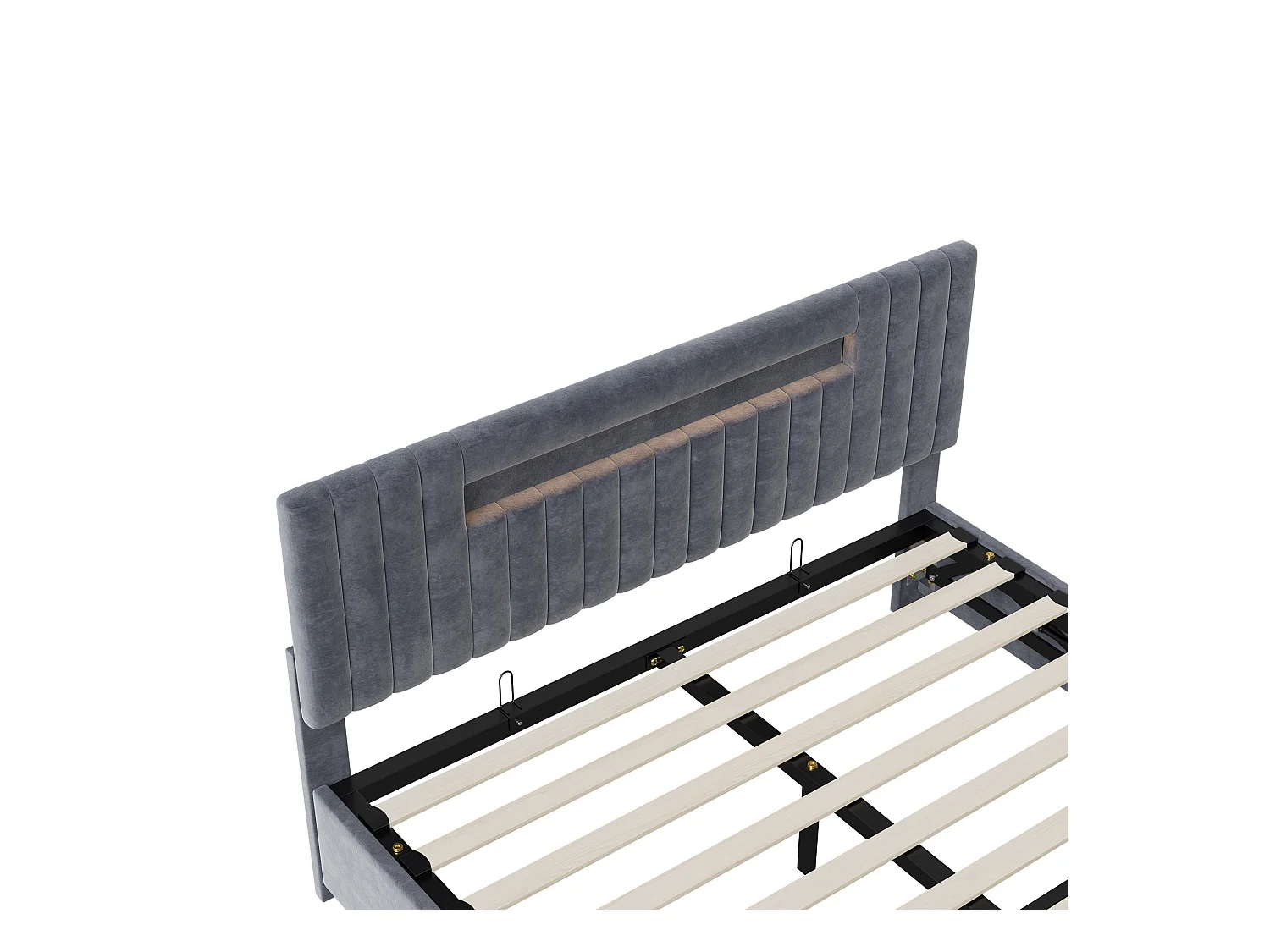 Lit coffre 140x200cm - Lit double avec tête de lit LED avec rangemet, en tissu velours gris