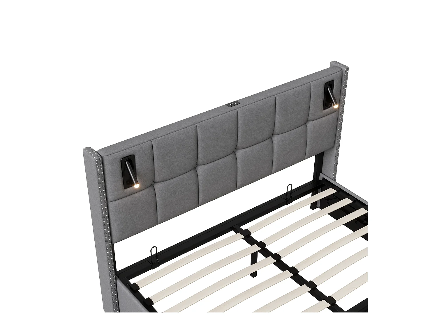 Lit Coffre 160x200 cm avec sommier, Lit capitonné avec Port USB et Type-C, LED, Velours, Gris