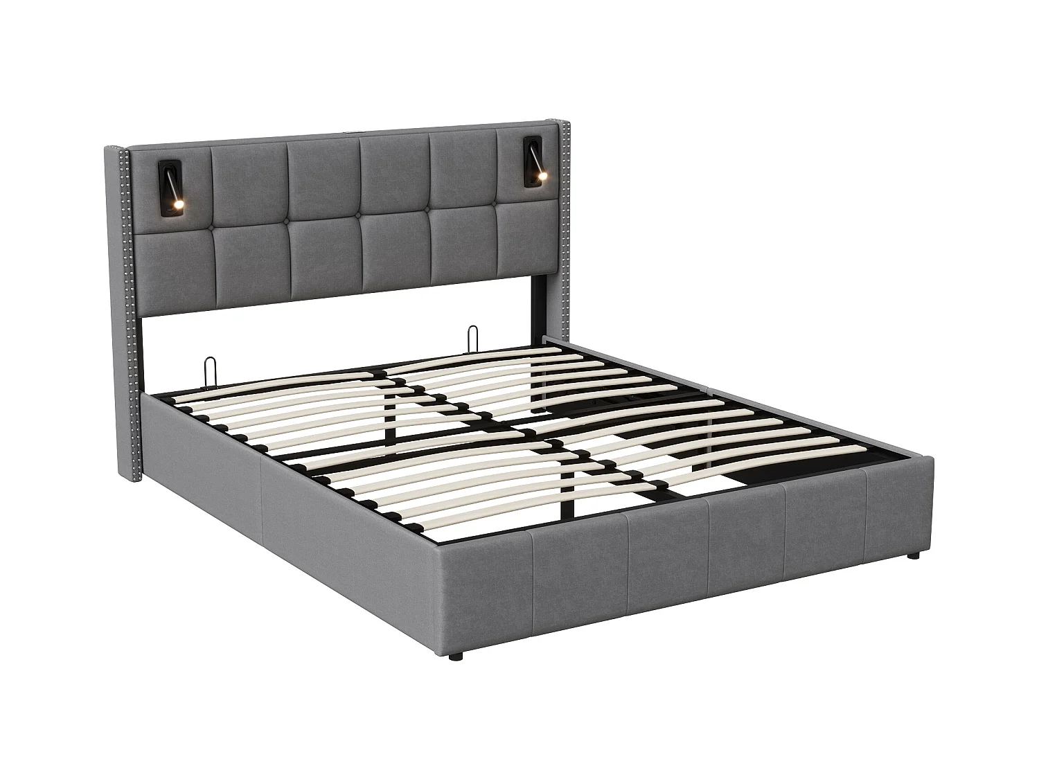 Lit Coffre 160x200 cm avec sommier, Lit capitonné avec Port USB et Type-C, LED, Velours, Gris