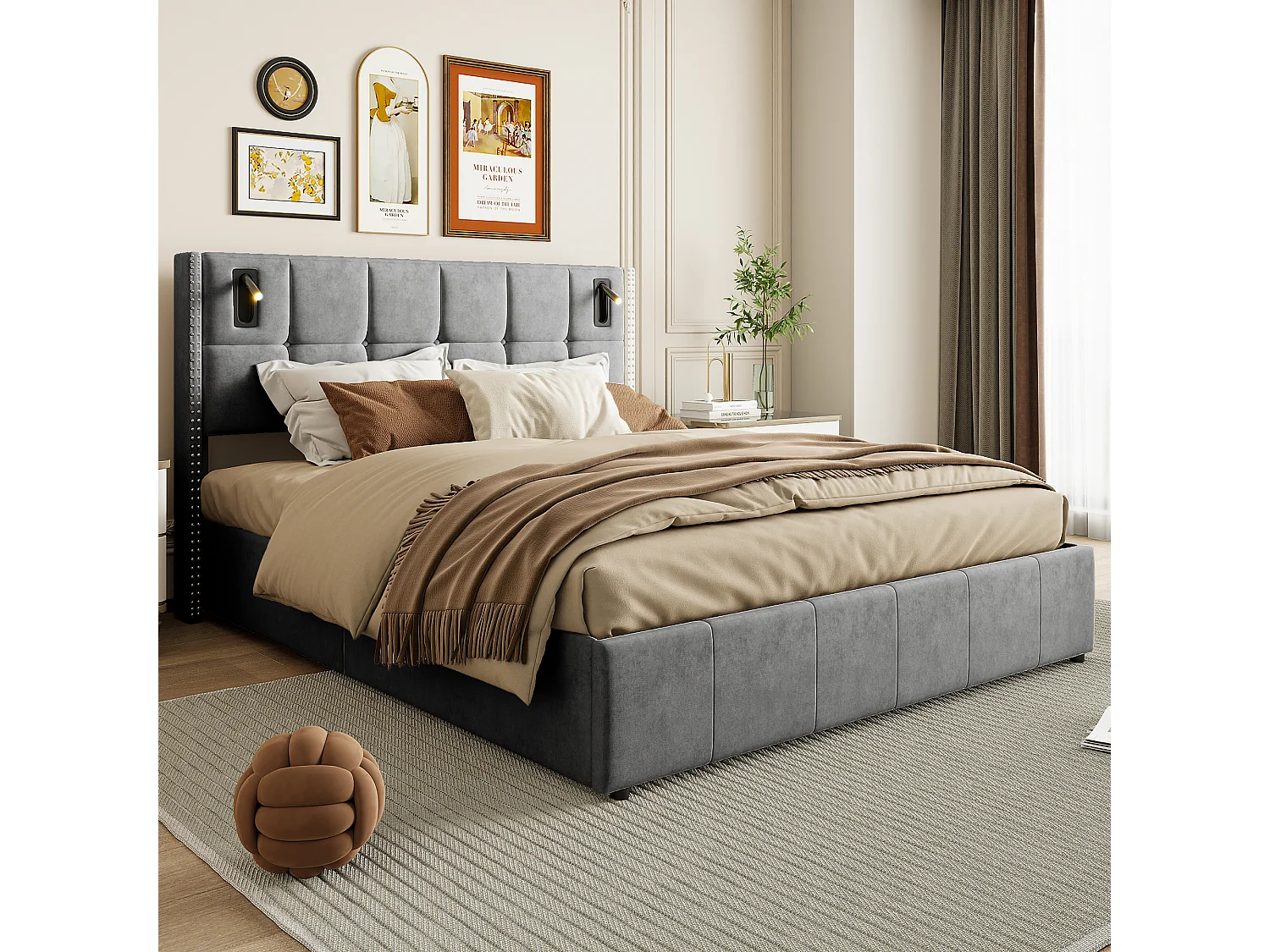 Lit Coffre 160x200 cm avec sommier, Lit capitonné avec Port USB et Type-C, LED, Velours, Gris