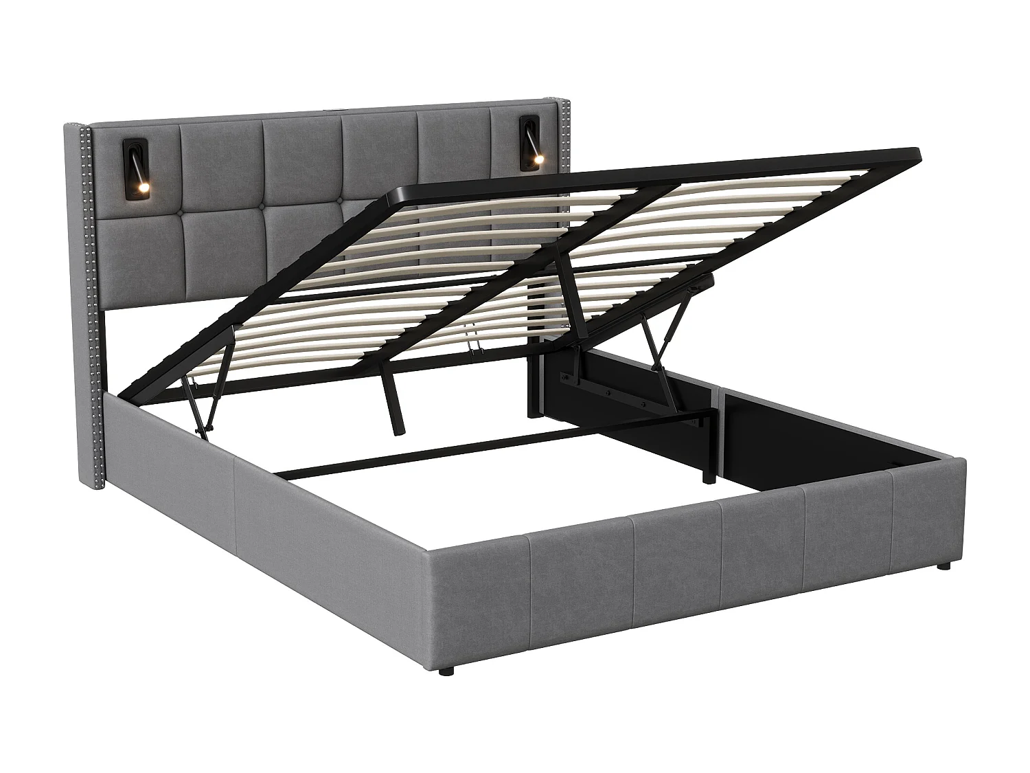 Lit Coffre 160x200 cm avec sommier, Lit capitonné avec Port USB et Type-C, LED, Velours, Gris