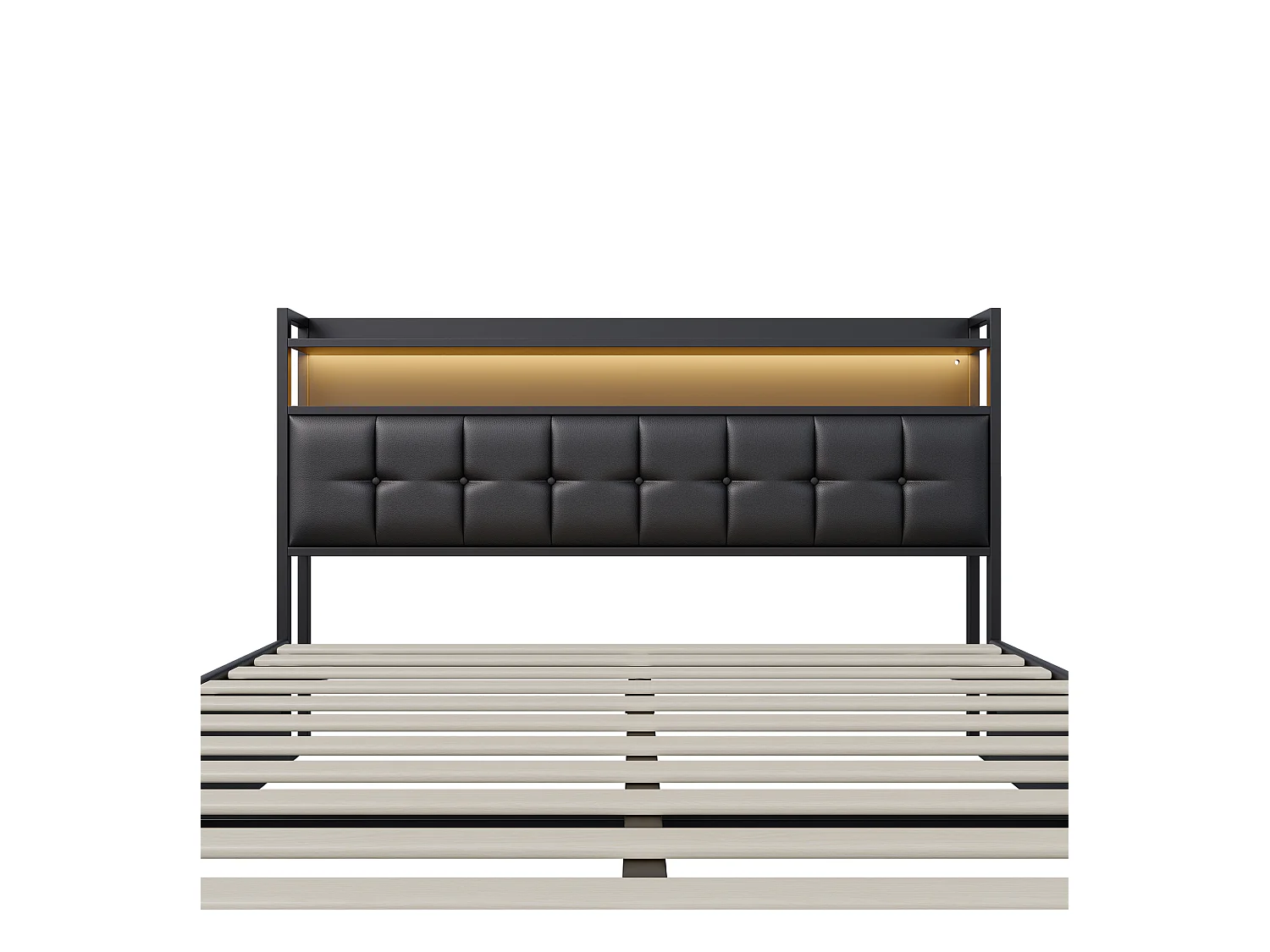 Gepolstertes Bett mit Stauraum 160x200cm in Lederstoff - mit LED und Ladeanschluss - Schwarz