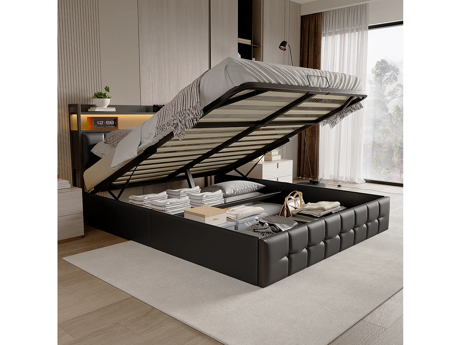 Gepolstertes Bett mit Stauraum 160x200cm in Lederstoff - mit LED und Ladeanschluss - Schwarz