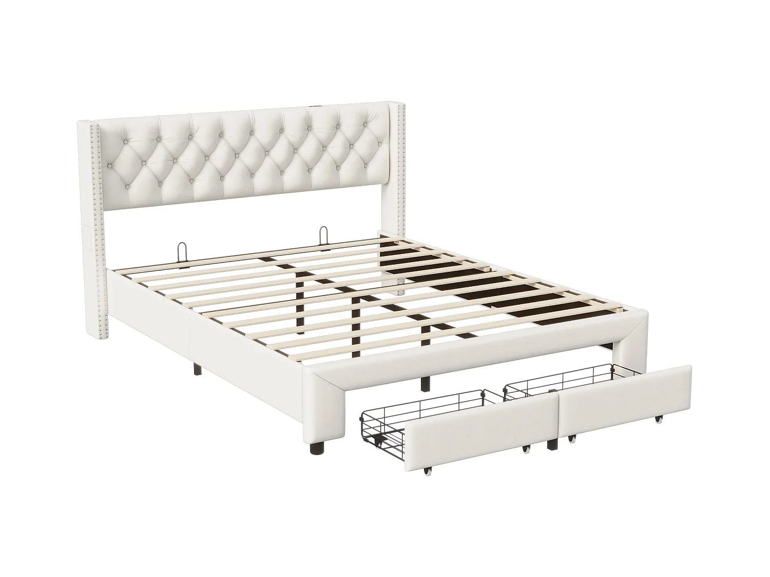 lit 180x200cm avec Rangement et LED, Sommier à Lattes, Lit Double capitonné avec USB, Velours, Beige