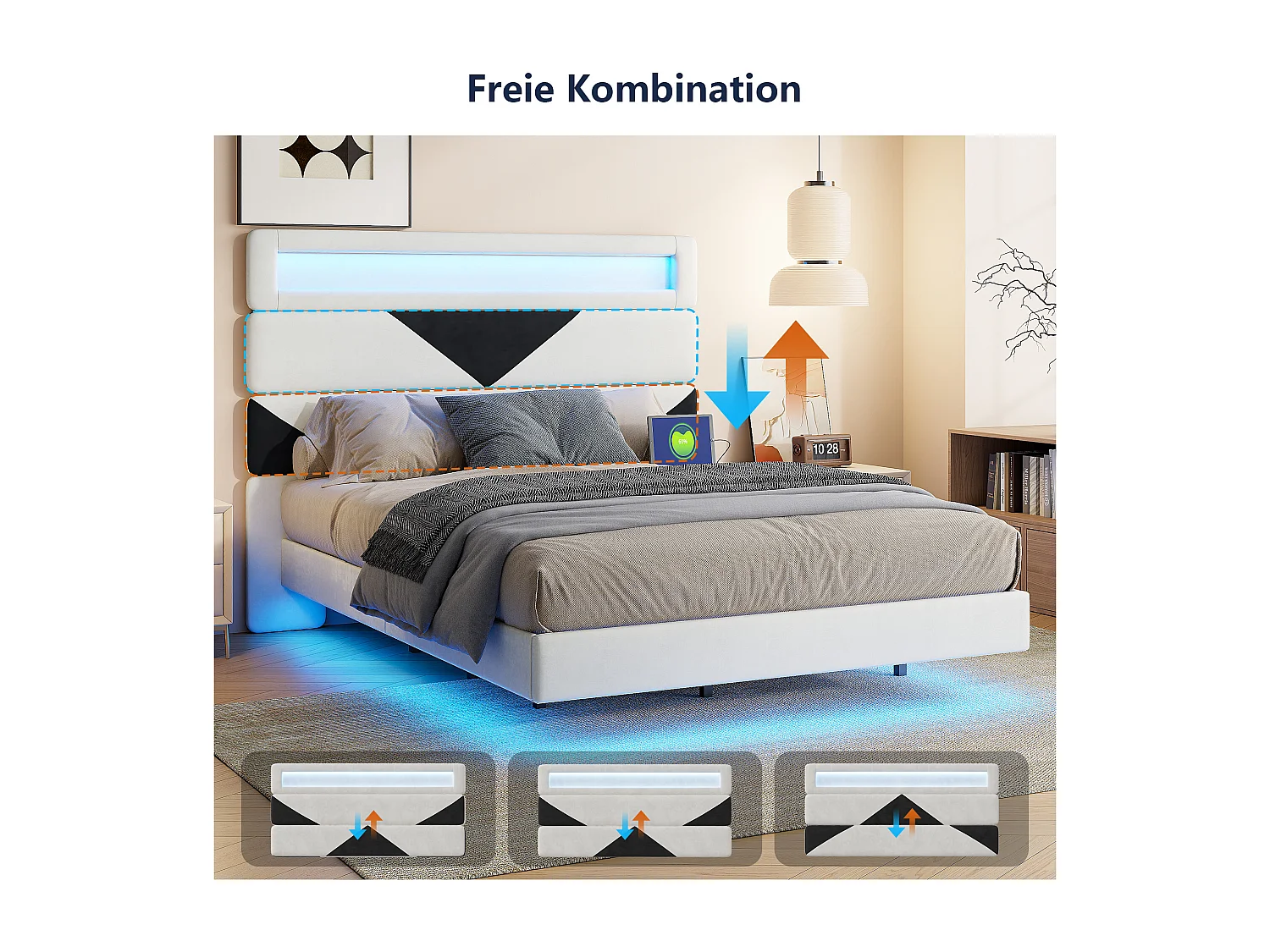 Polsterbett 140x190cm mit USB & LED, Stauraumbett mit dreieckigem Kopfteil, Samt, Weiß & Schwarz