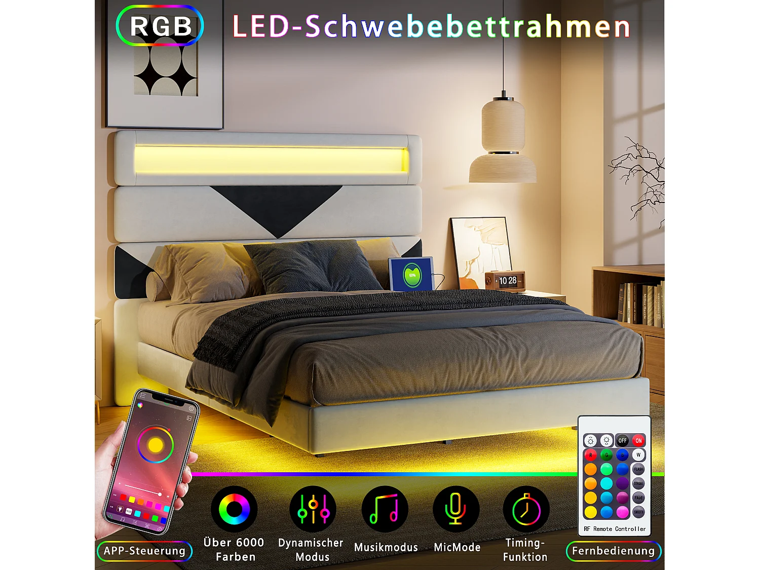 Polsterbett 140x190cm mit USB & LED, Stauraumbett mit dreieckigem Kopfteil, Samt, Weiß & Schwarz