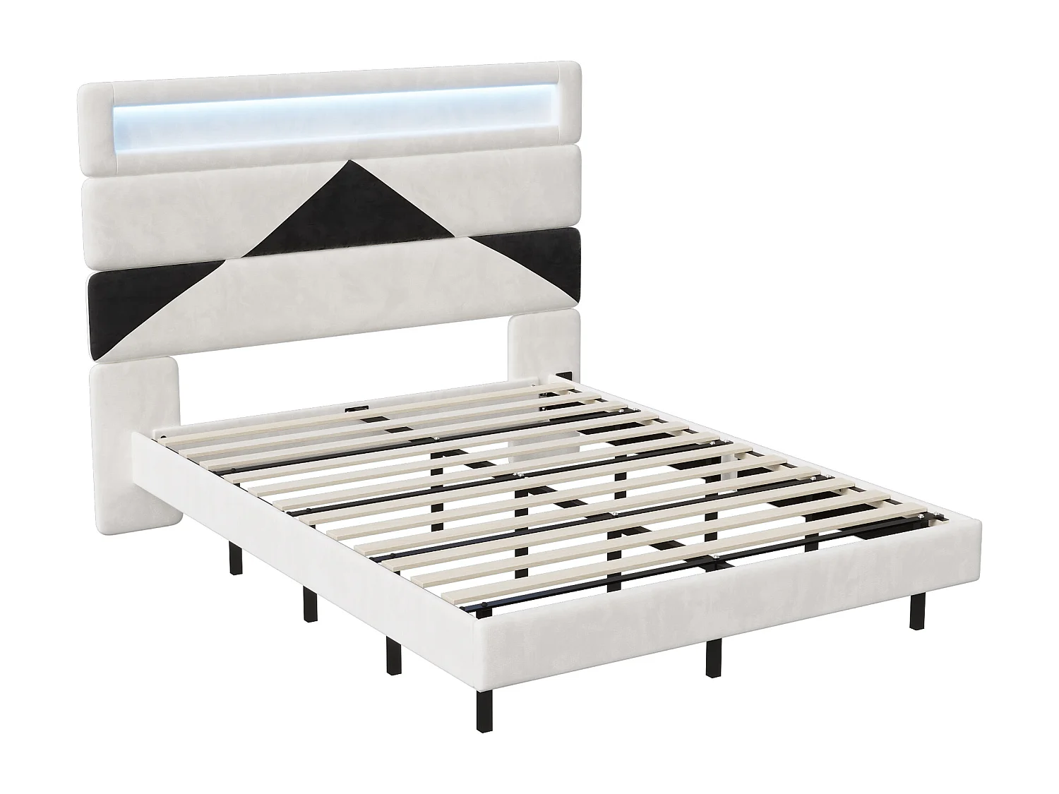 Polsterbett 140x190cm mit USB & LED, Stauraumbett mit dreieckigem Kopfteil, Samt, Weiß & Schwarz