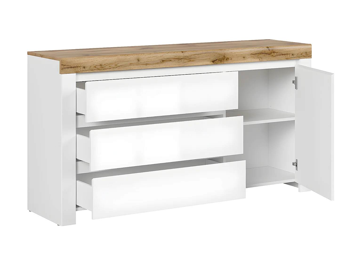 Aparador 1 porta 3 gavetas Hella branco e madeira 84cm