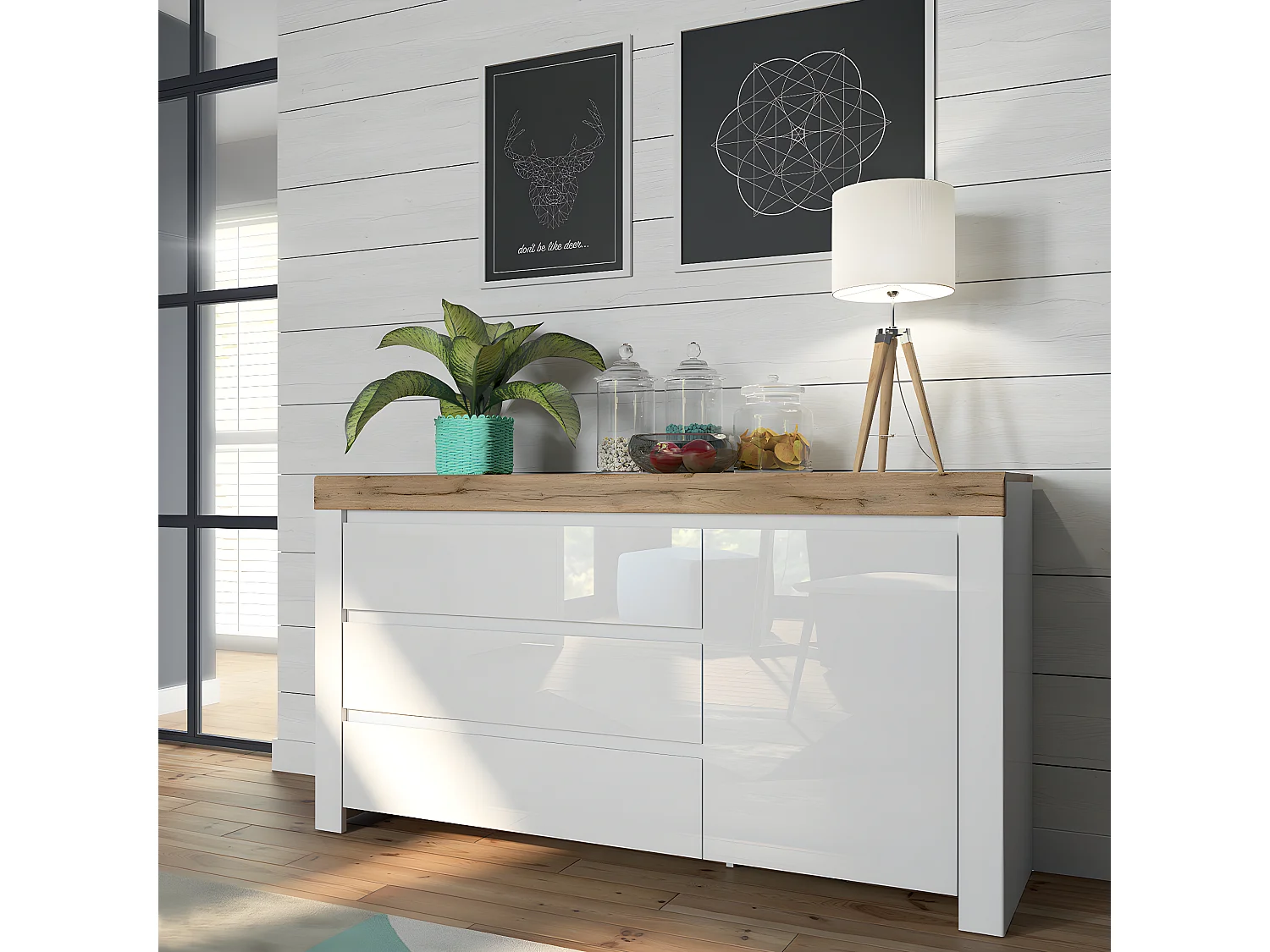 Aparador 1 porta 3 gavetas Hella branco e madeira 84cm