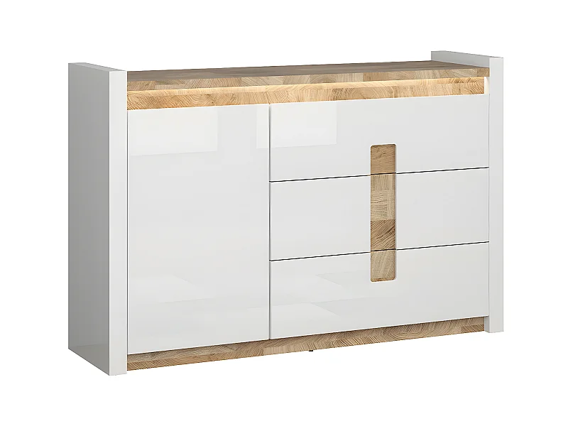 Helios 1-deurs dressoir met 3 laden en LED, wit gelakt en hout