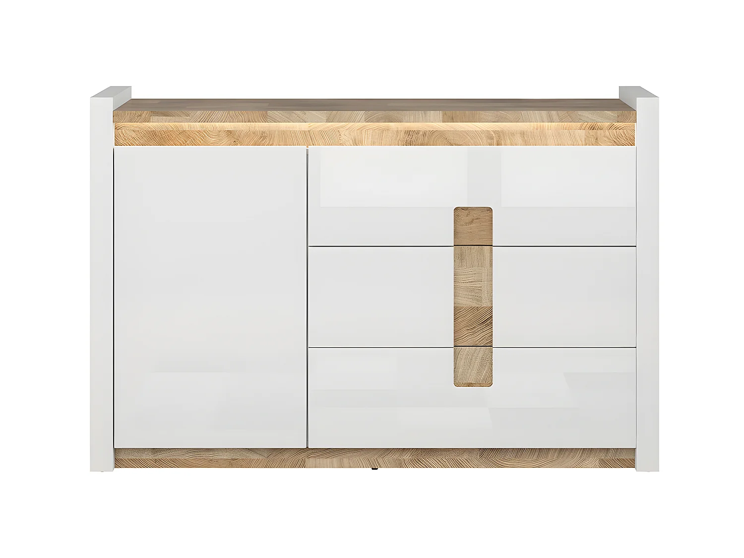 Buffet 1 porte 3 tiroirs avec LED Helios Blanc laqué et Bois