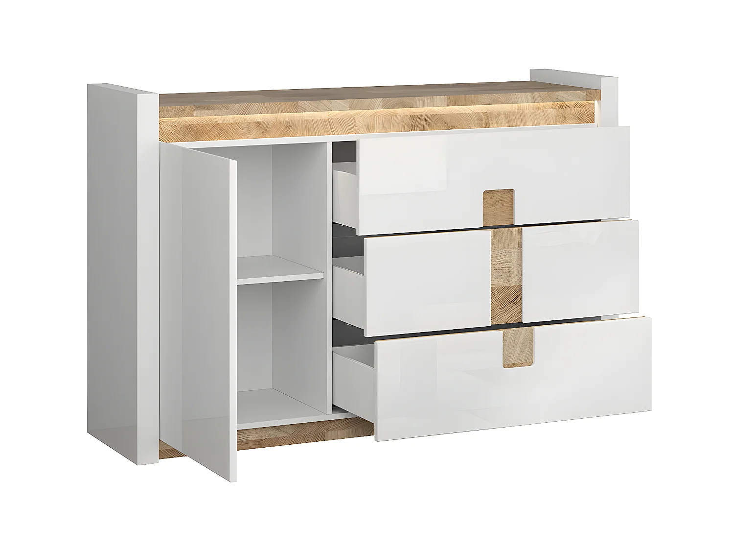 Buffet 1 porte 3 tiroirs avec LED Helios Blanc laqué et Bois