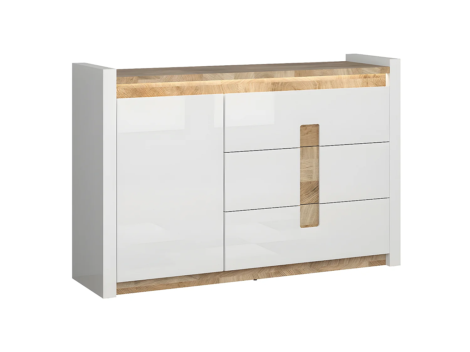 Helios 1-deurs dressoir met 3 laden en LED, wit gelakt en hout