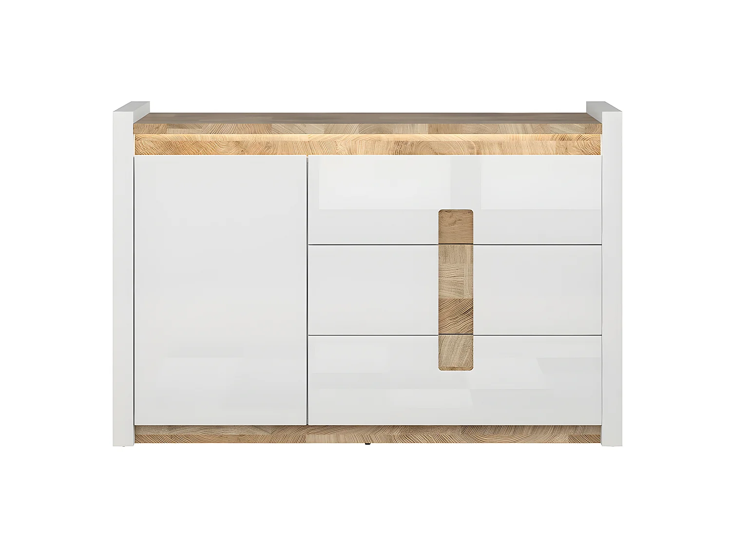 Buffet 1 porte 3 tiroirs avec LED Helios Blanc laqué et Bois