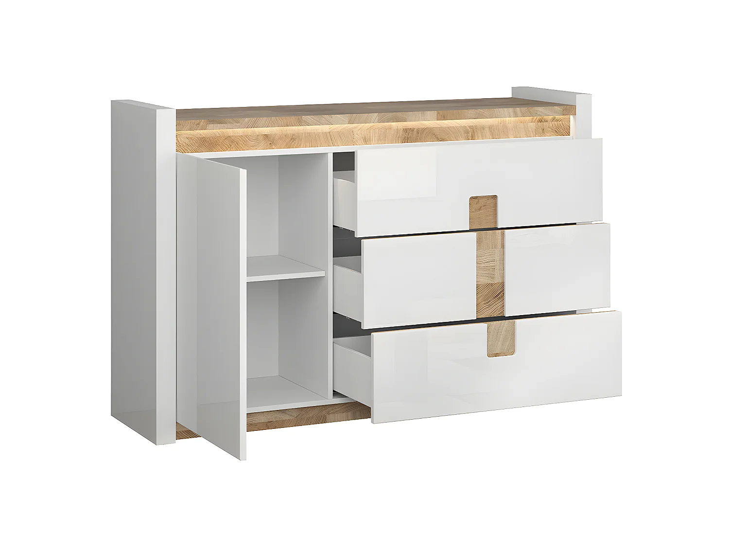 Buffet 1 porte 3 tiroirs avec LED Helios Blanc laqué et Bois