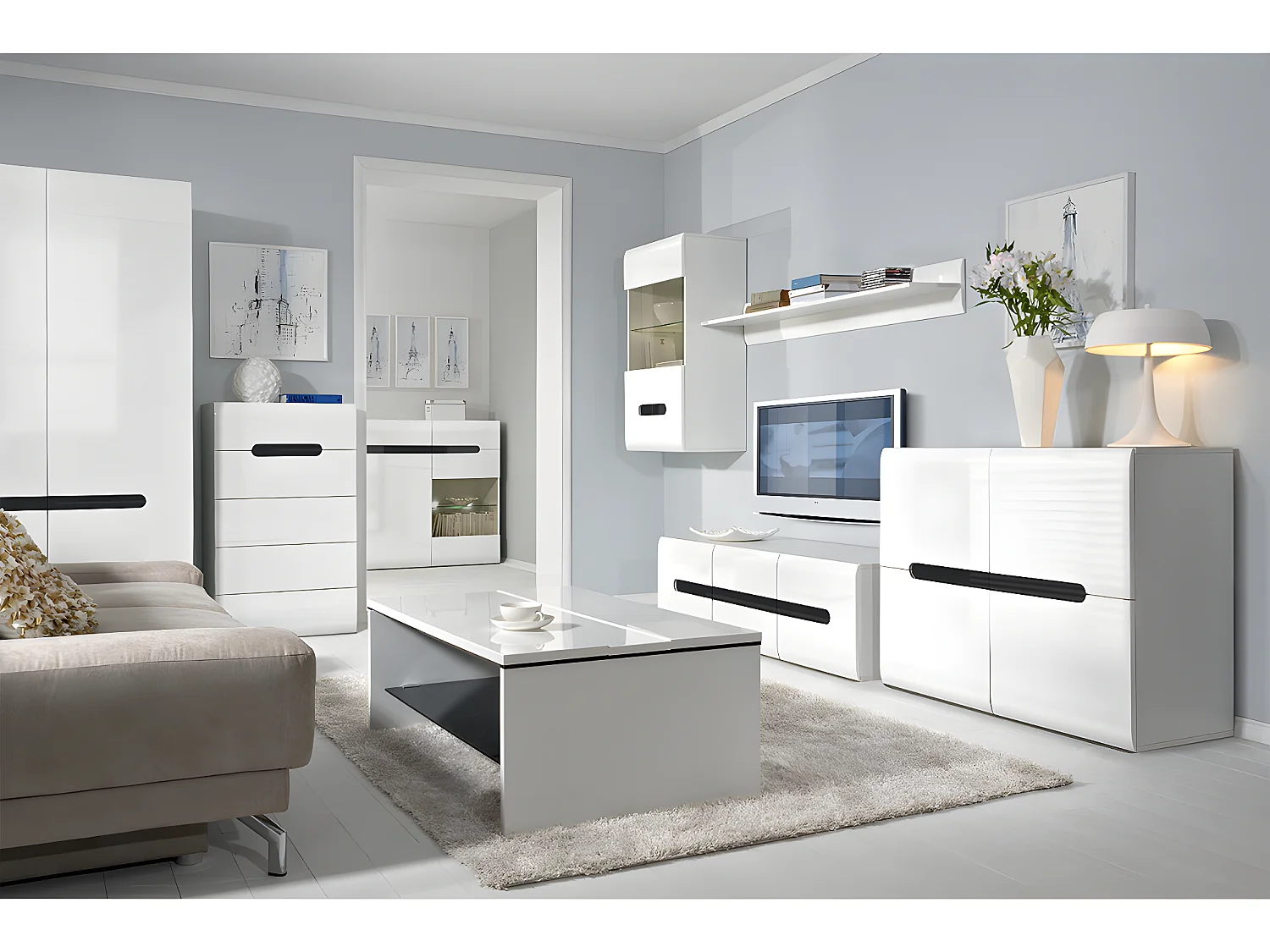 Buffet 4 portes Darrel Blanc laqué et Bois