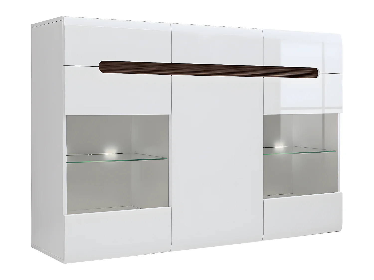Buffet vitré 3 portes 3 tiroirs avec LED Darrel Blanc laqué et Bois