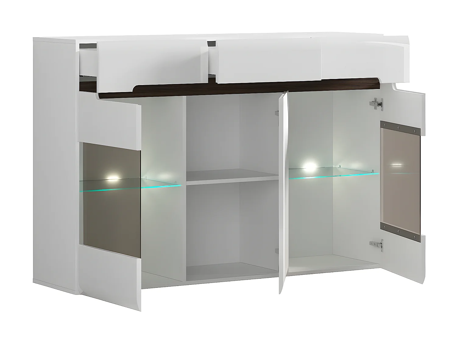 Buffet vitré 3 portes 3 tiroirs avec LED Darrel Blanc laqué et Bois